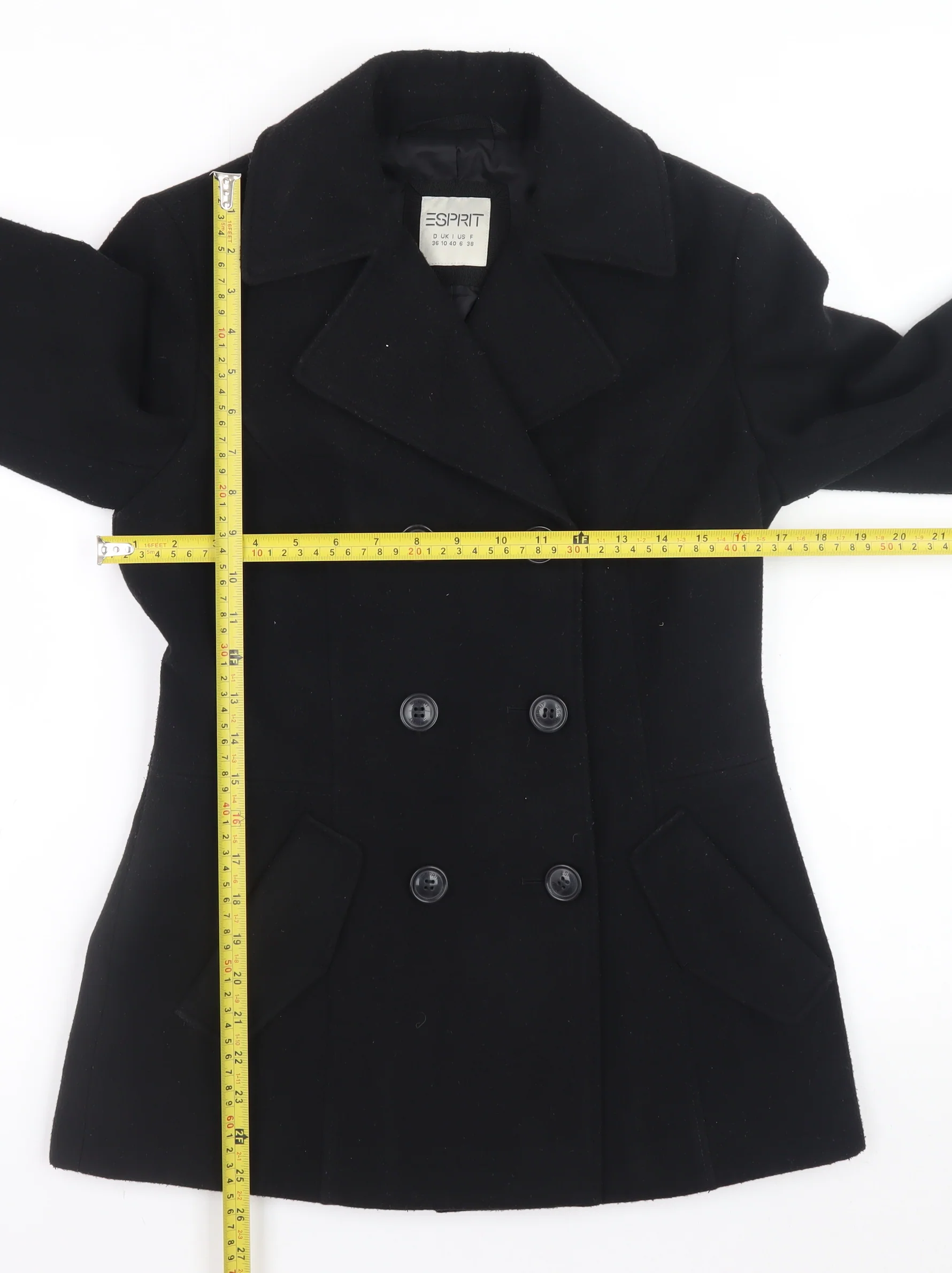 Esprit Women Black Wool Blend Pea Coat UK 10 Double Breasted Jacket - Image 3