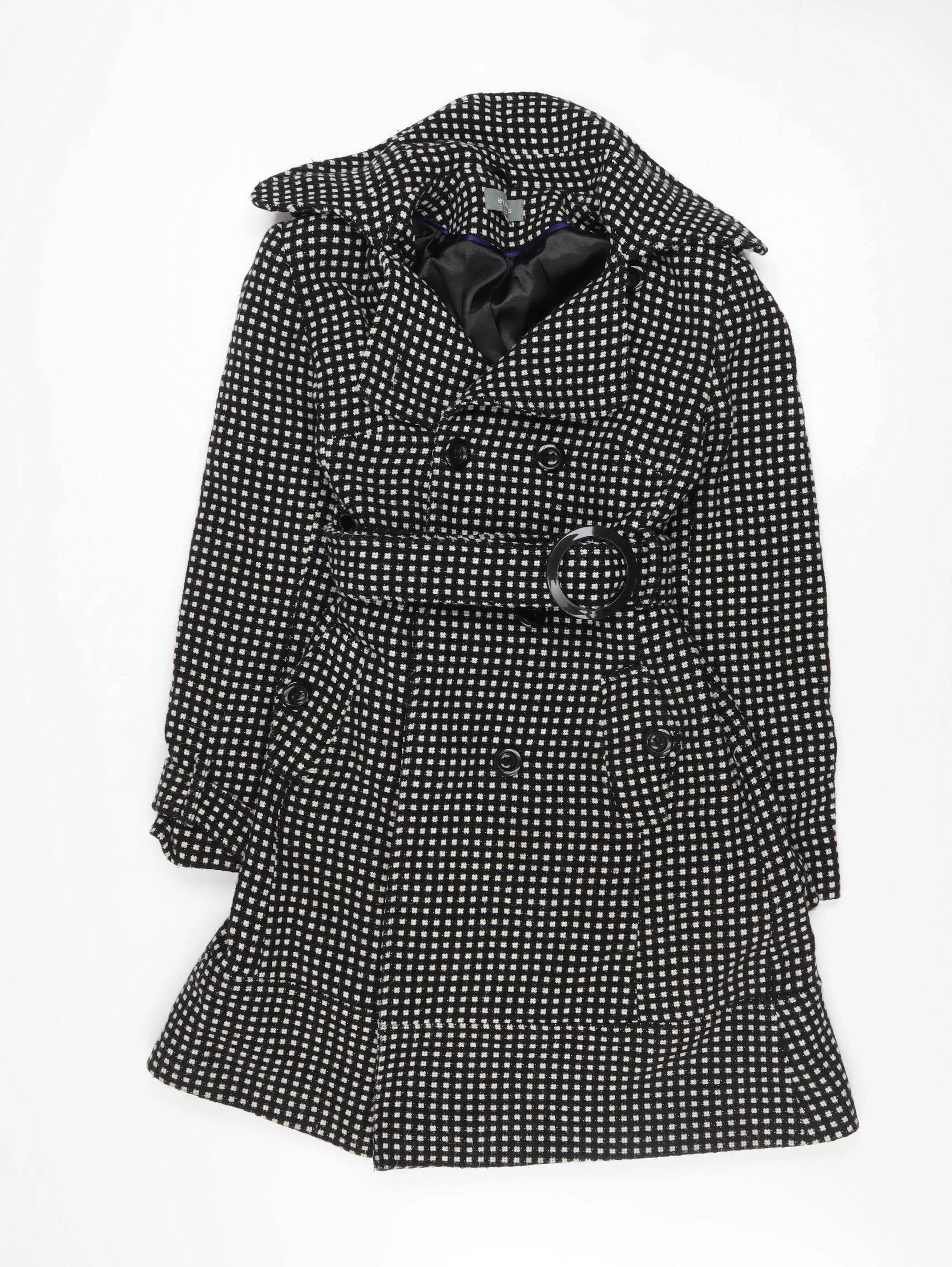 Et Vous Women's Black Check Trench Coat Size 12 Belted Wool Blend