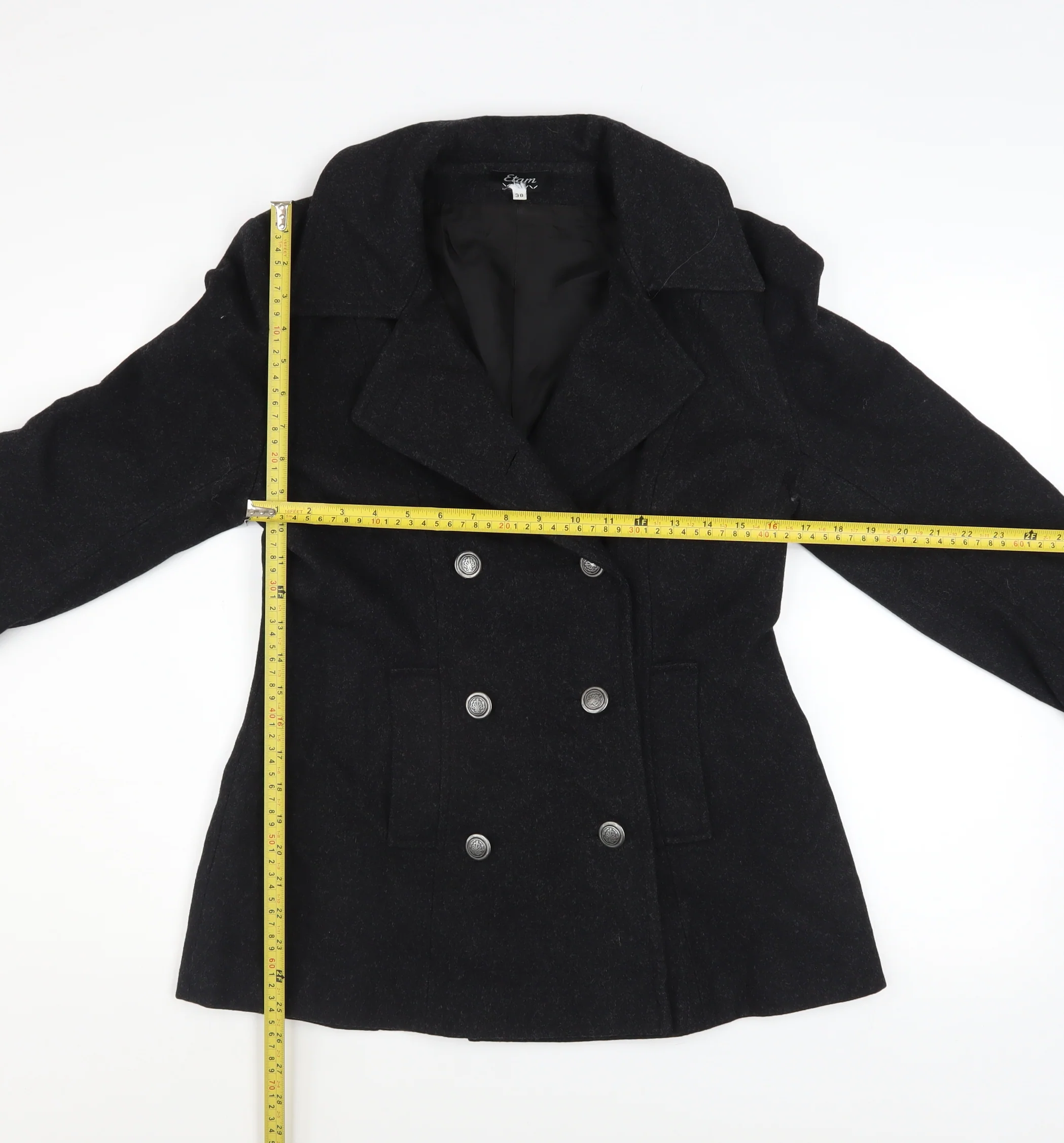 Etam Women’s Black Wool Pea Coat Medium Classic Double Breasted Jacket - Image 2