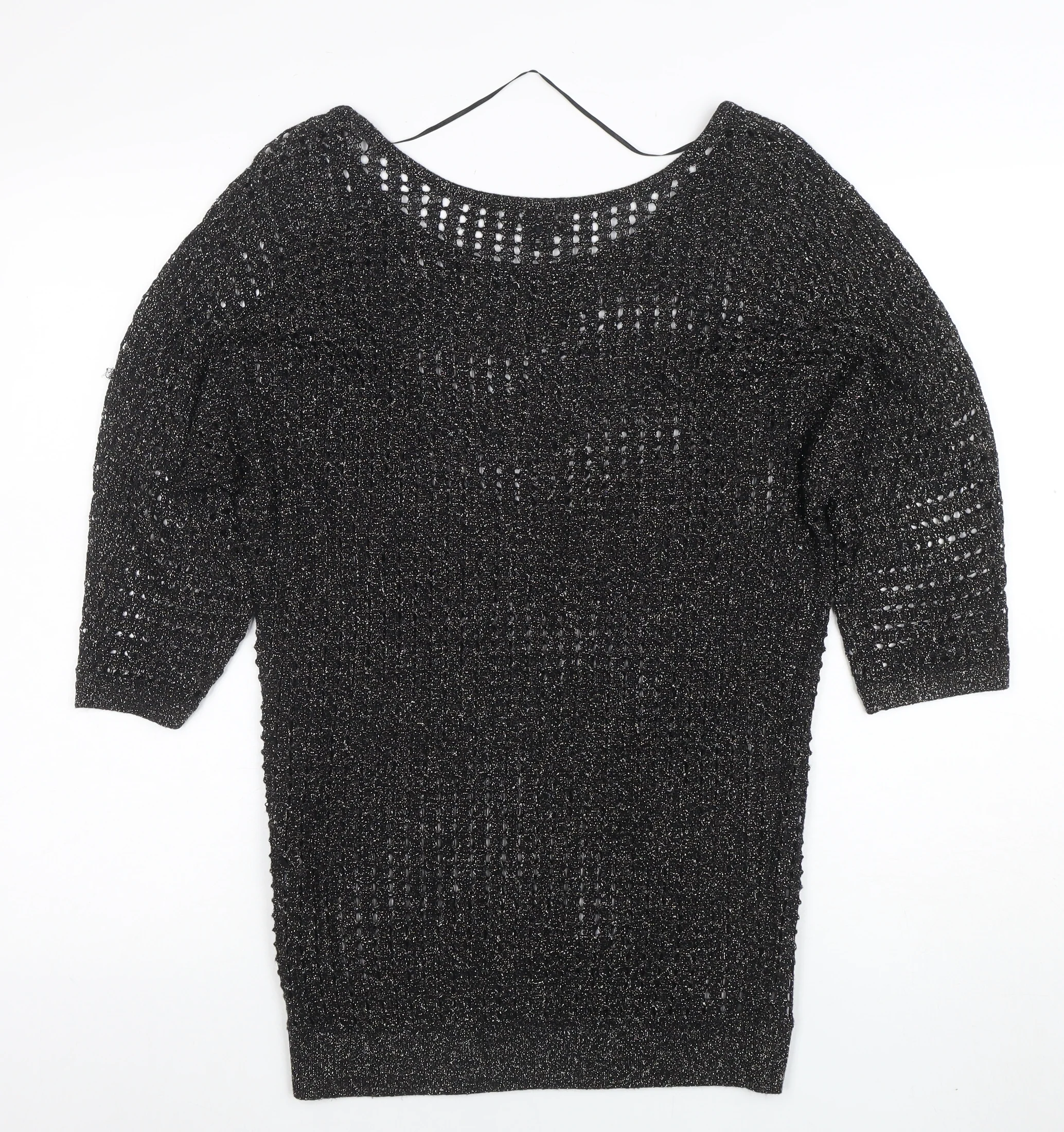 Express Womens Black Metallic Knit Boat Neck 3/4 Sleeve Blouse M - Image 3