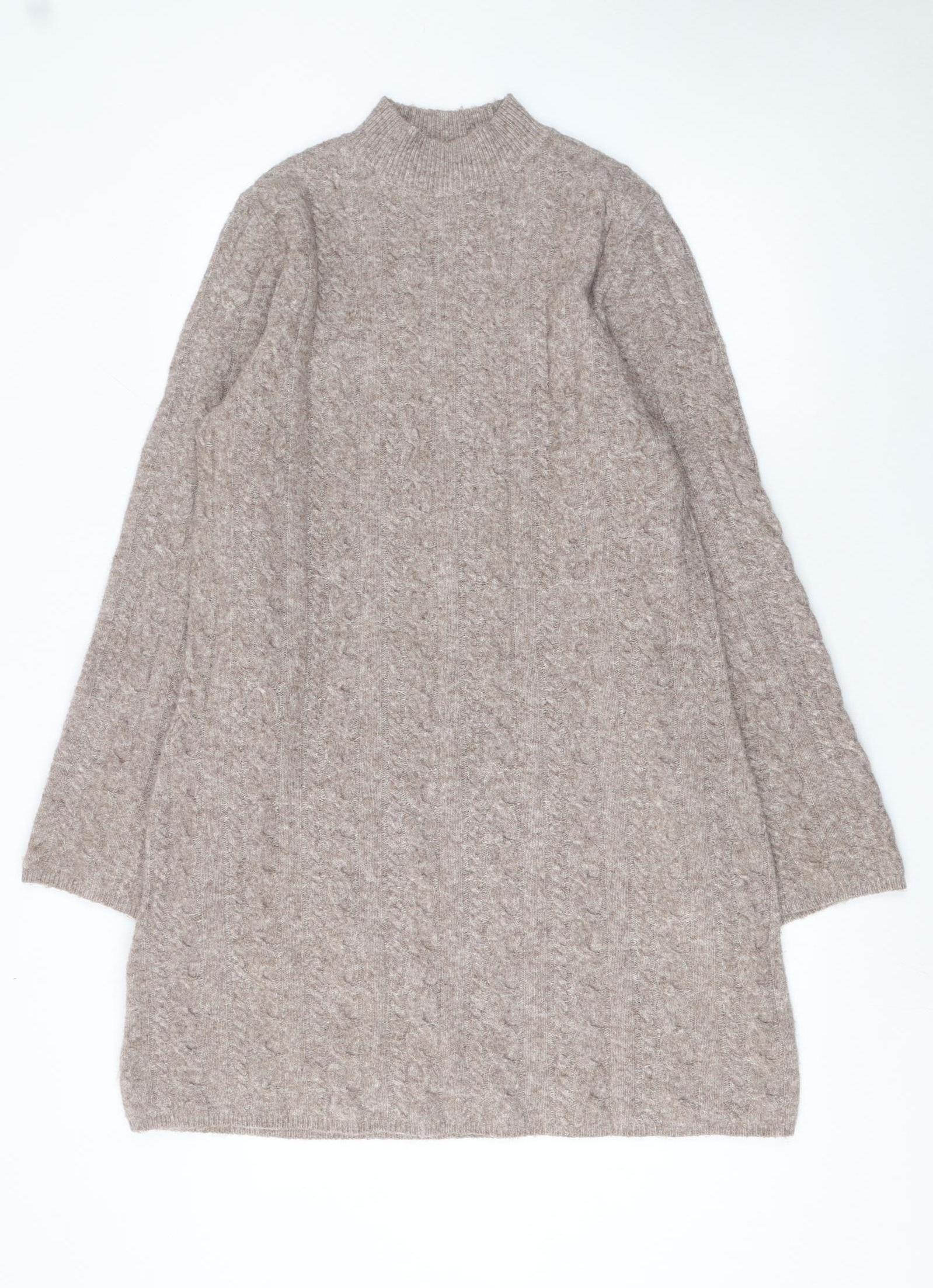 F&F Women Beige Knit Wool Blend Long Sleeve Jumper Dress L