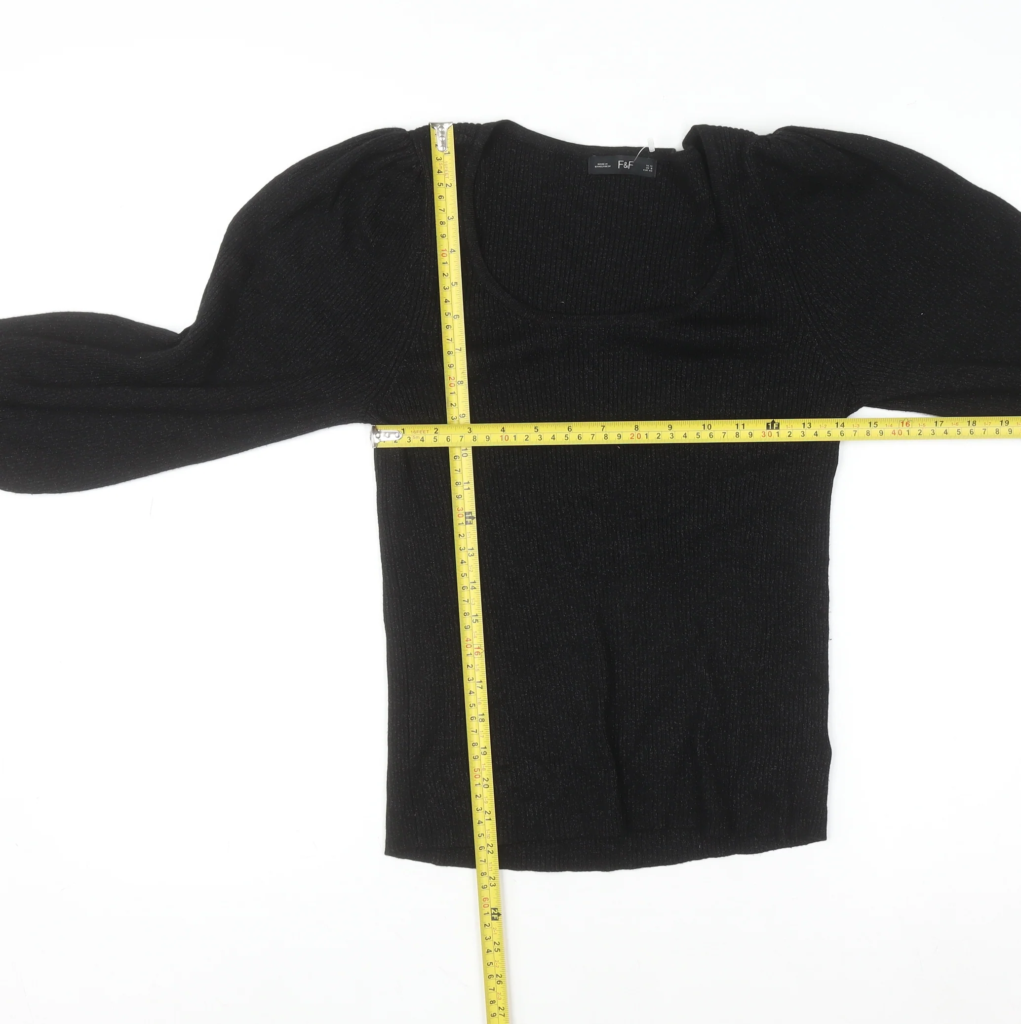 F&F Women’s Black Knit Puff Sleeve Long Sleeve Blouse UK 12 - Image 2