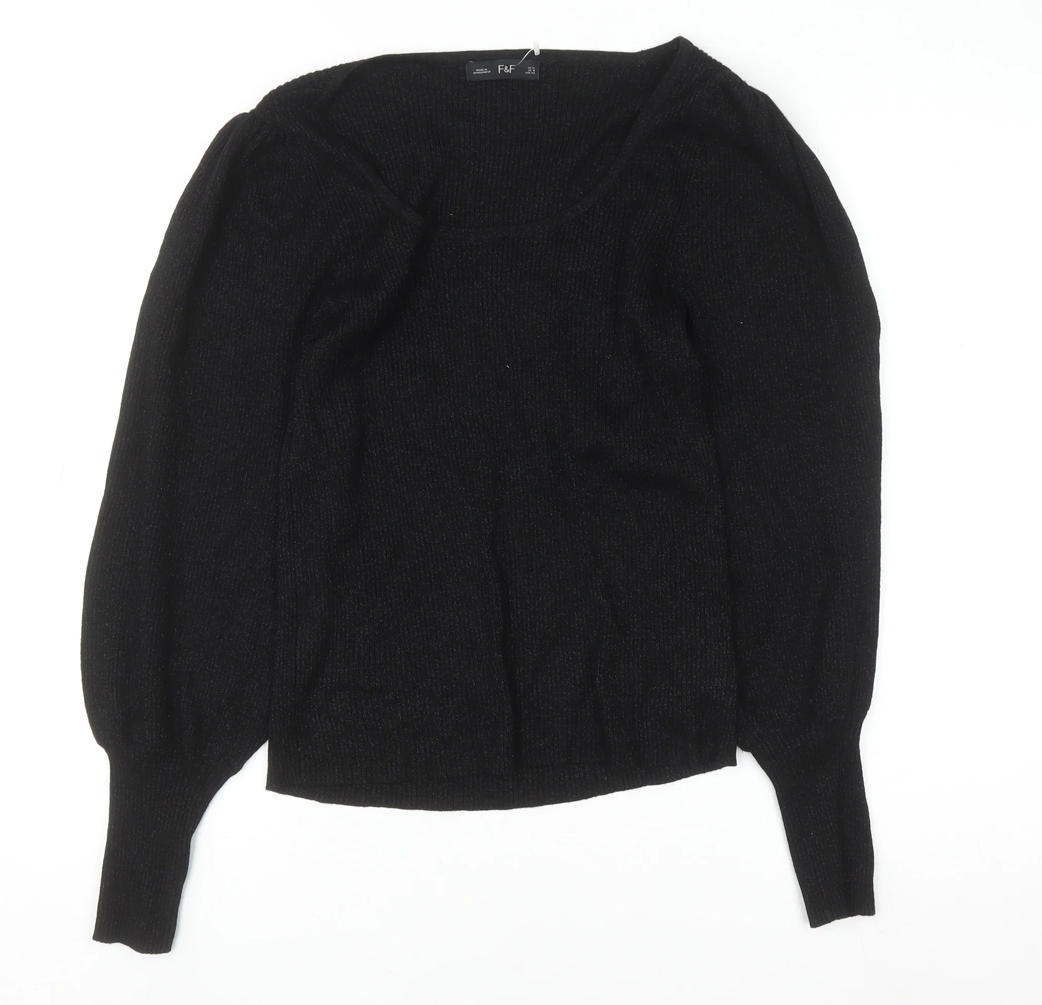 F&F Women’s Black Knit Puff Sleeve Long Sleeve Blouse UK 12 - Image 4