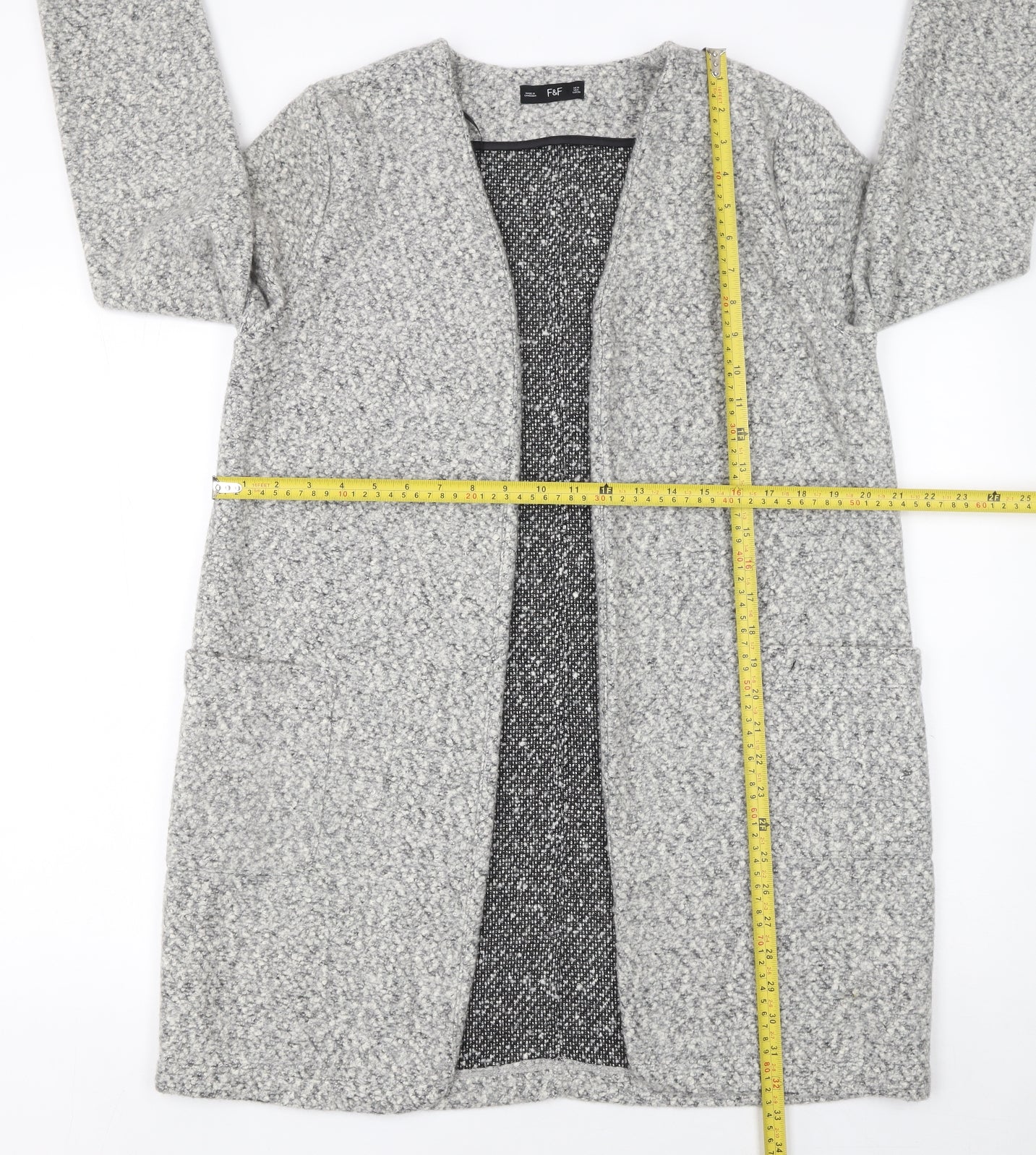 F&F Women’s Grey Longline Open Knit Cardigan UK 10 - Image 2
