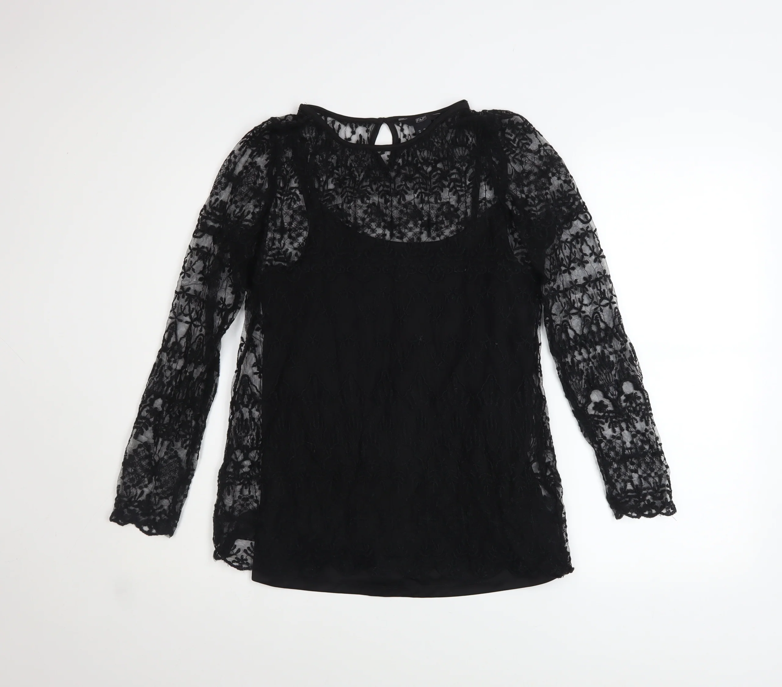 F&F Women's Black Lace Long Sleeve Blouse UK 10 Classic Style