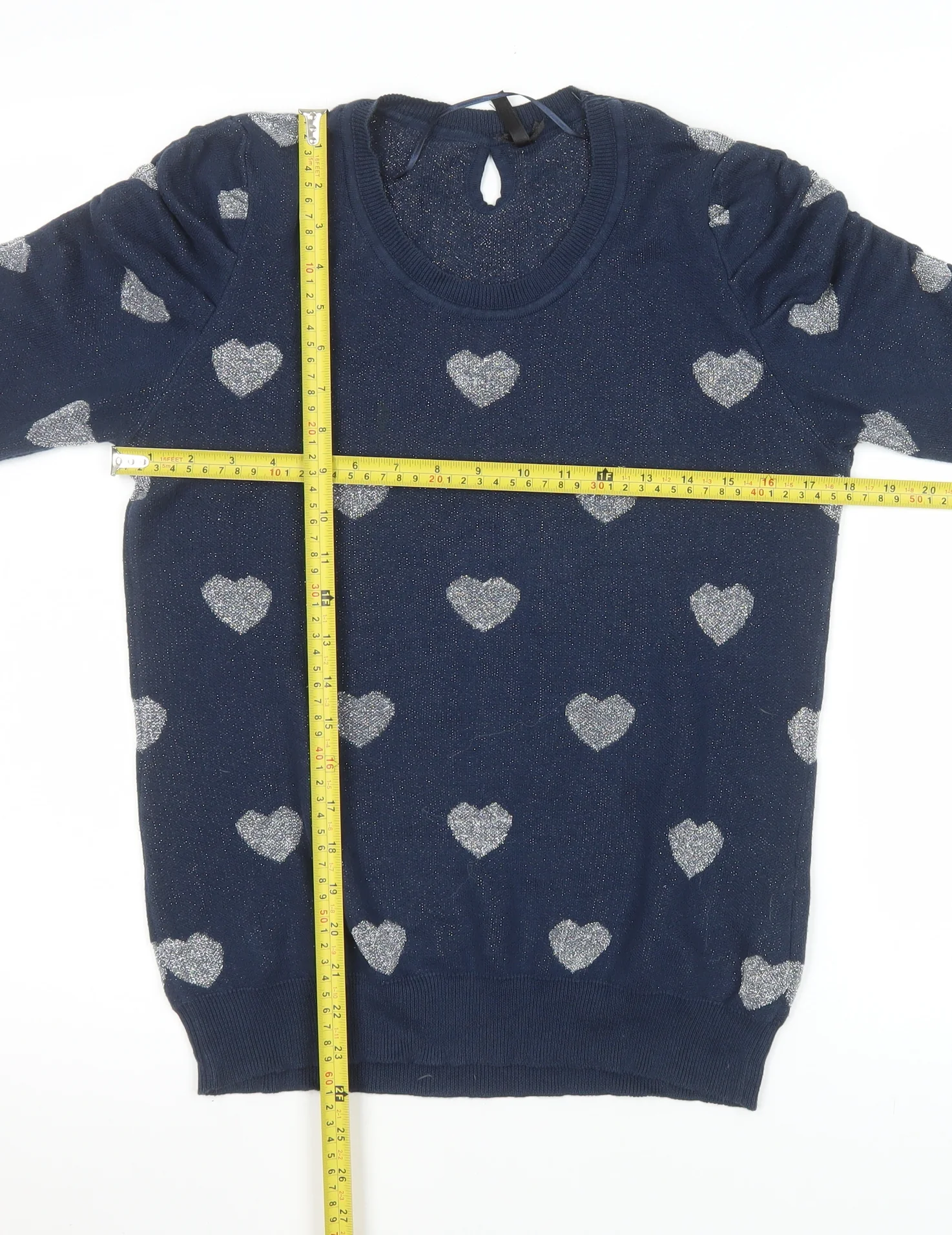 F XSide Women’s Blue Heart Glitter Knit Short Sleeve Top Size M - Image 2