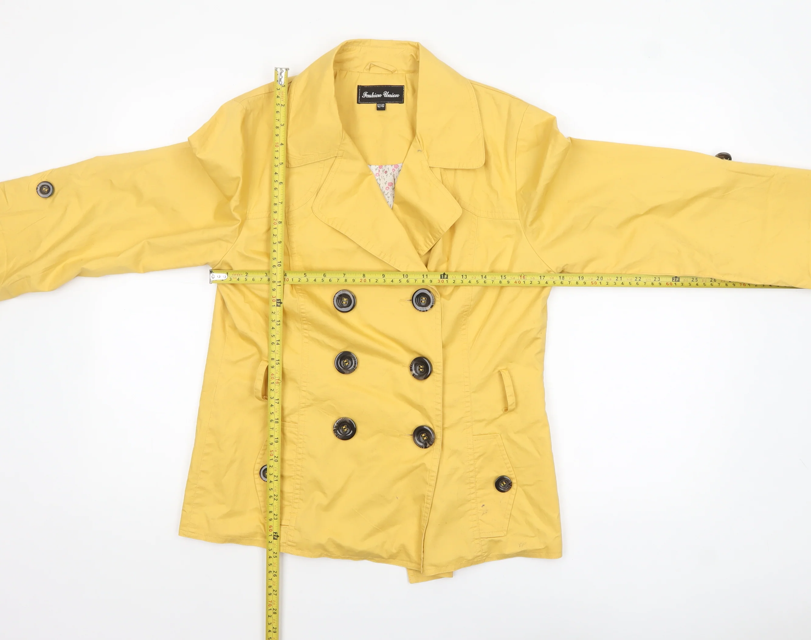 Fashion Union Womens Yellow Cotton Pea Coat Jacket Size 12 - Image 2