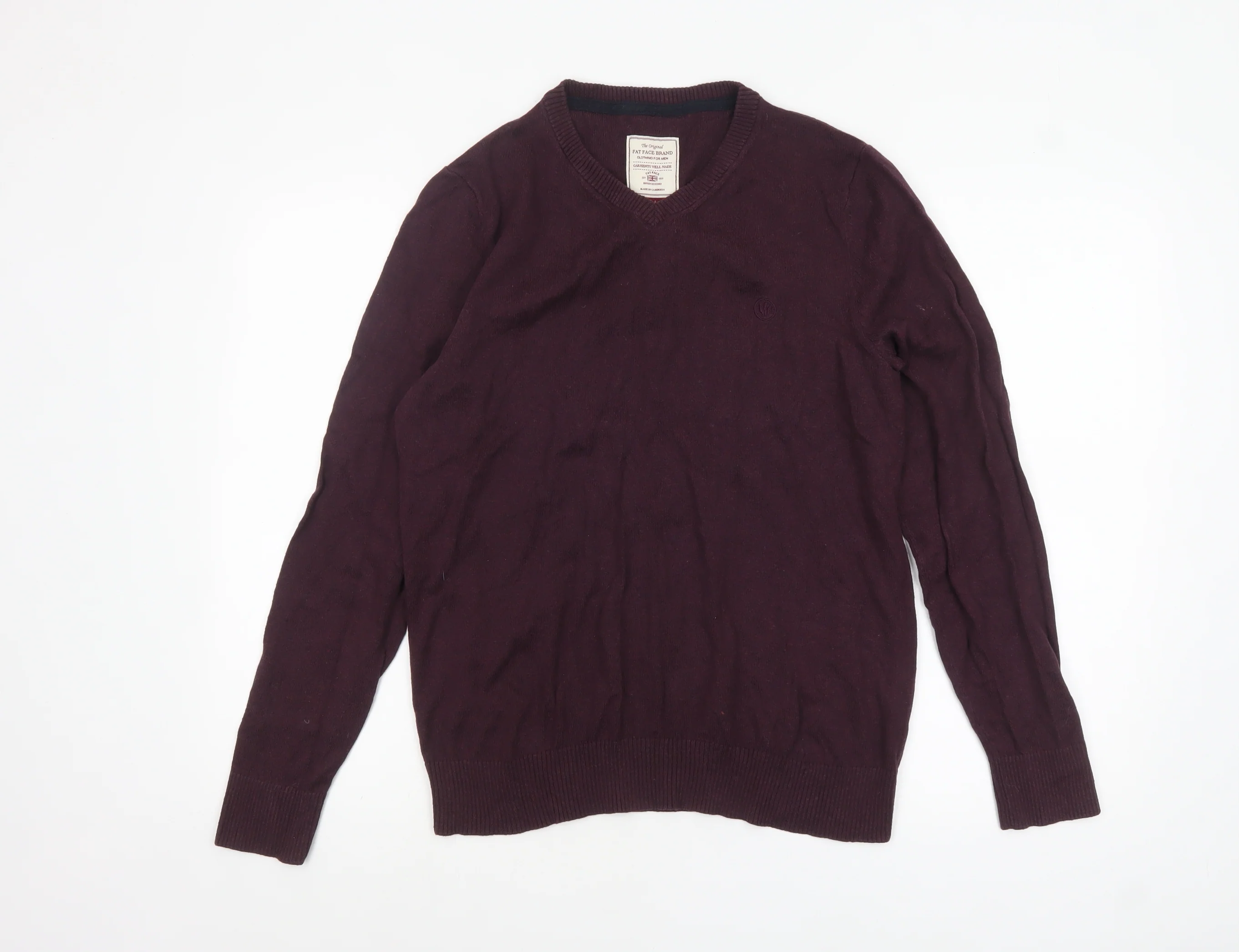 Fat Face Men’s Purple Cotton Cashmere V-Neck Jumper Size M