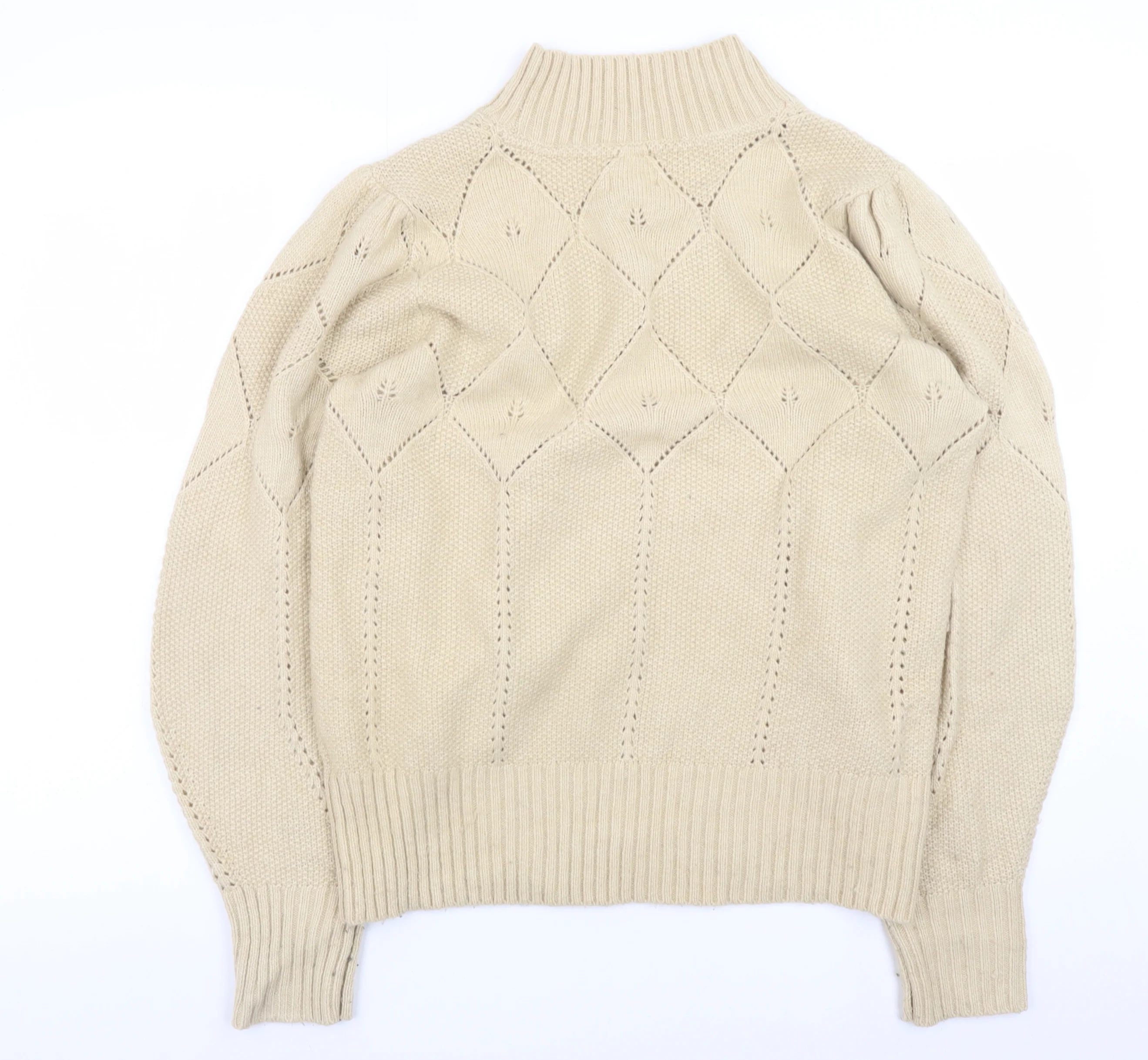 Fat Face Women Beige High Neck Puff Sleeve Knit Jumper Size 14 - Image 3