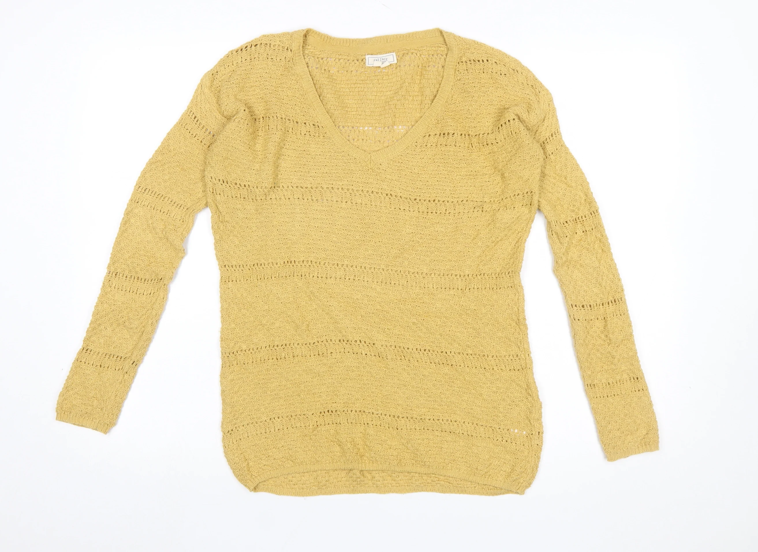 Fat Face Women’s Yellow Cotton Open-Knit V-Neck Jumper UK 8