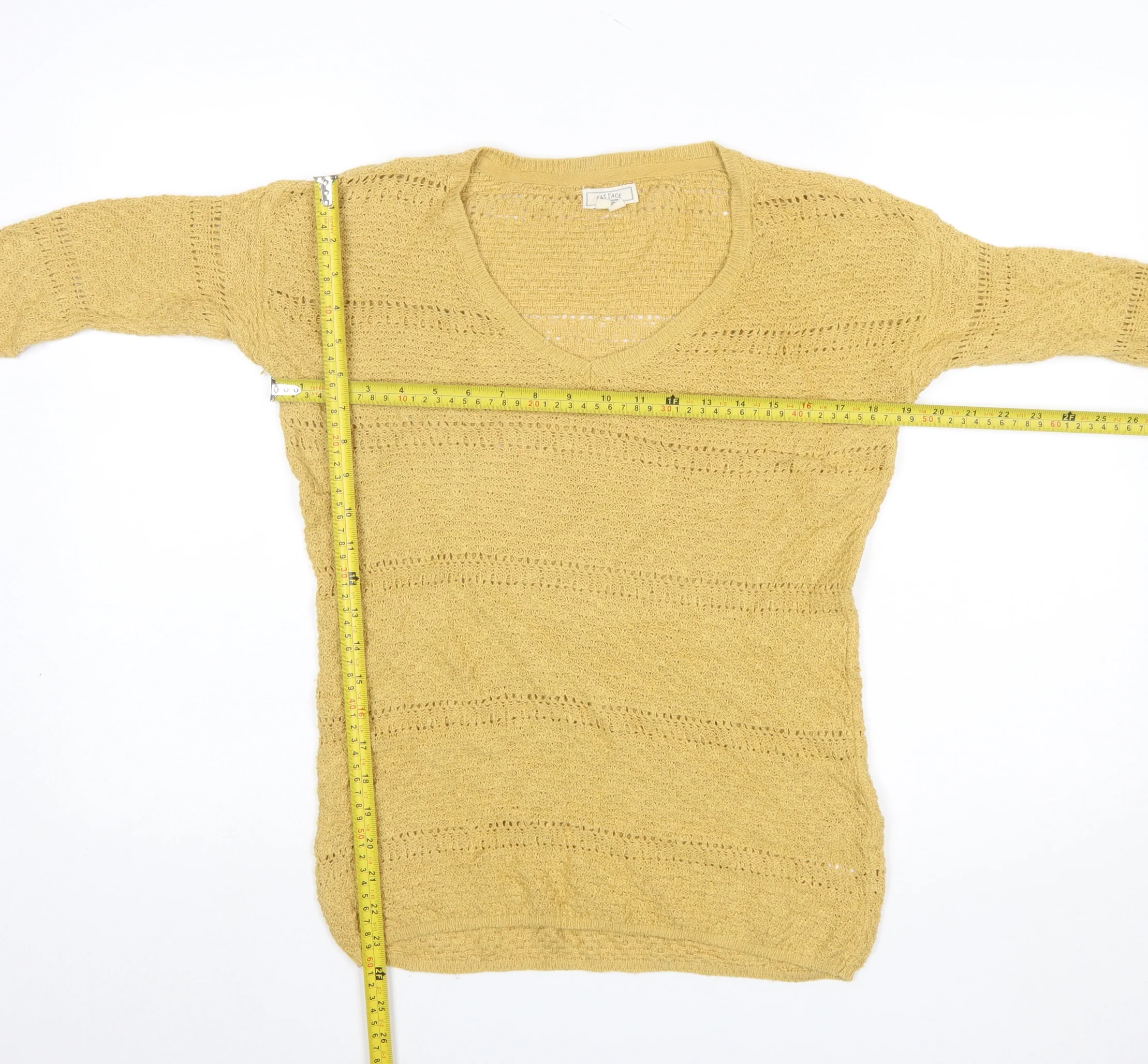 Fat Face Women’s Yellow Cotton Open-Knit V-Neck Jumper UK 8 - Image 2