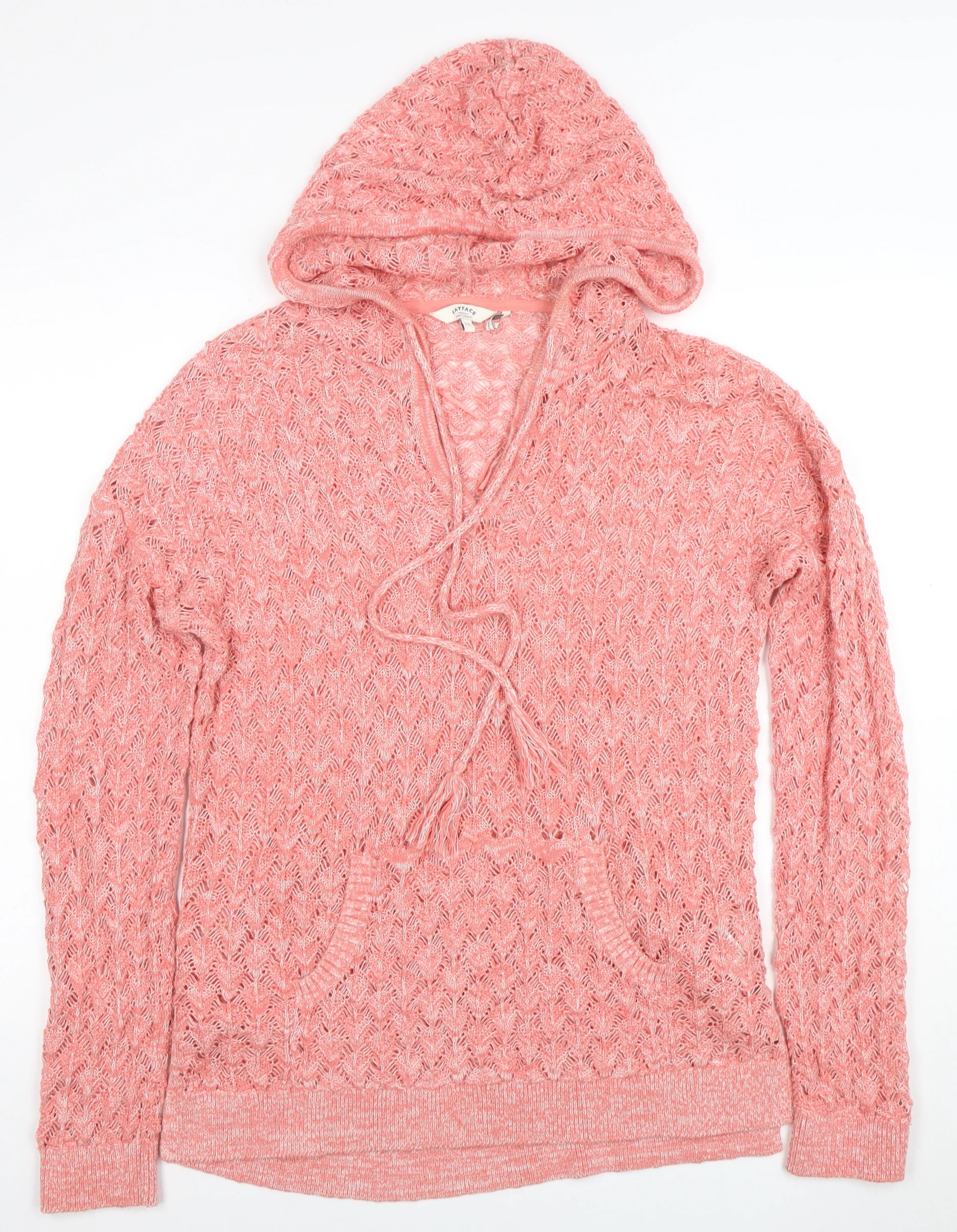 FatFace Women’s Pink Open-Knit Hooded Pullover Jumper Size 12
