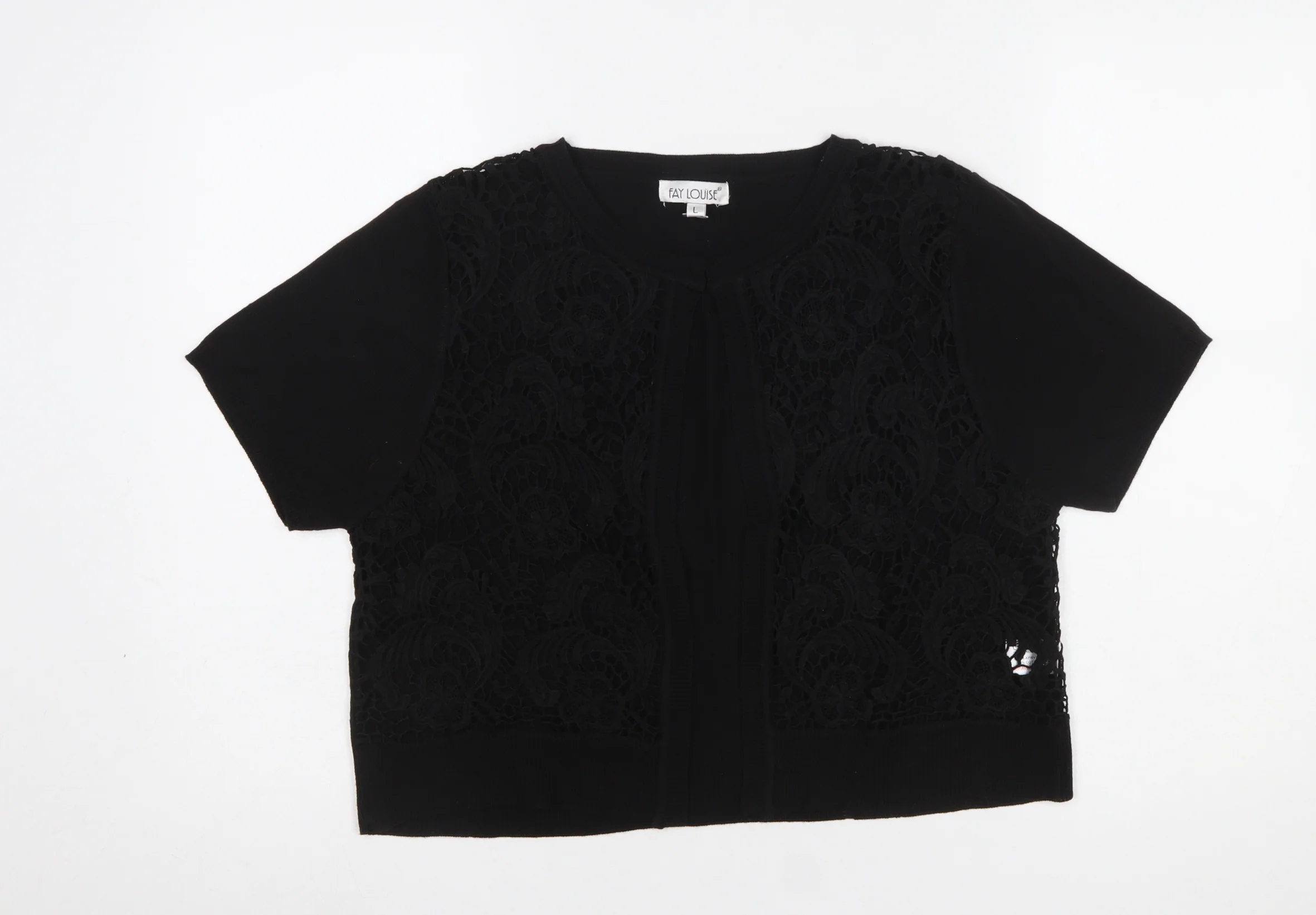 Fay Louise Women’s Black Lace Knit Short Sleeve Cardigan L