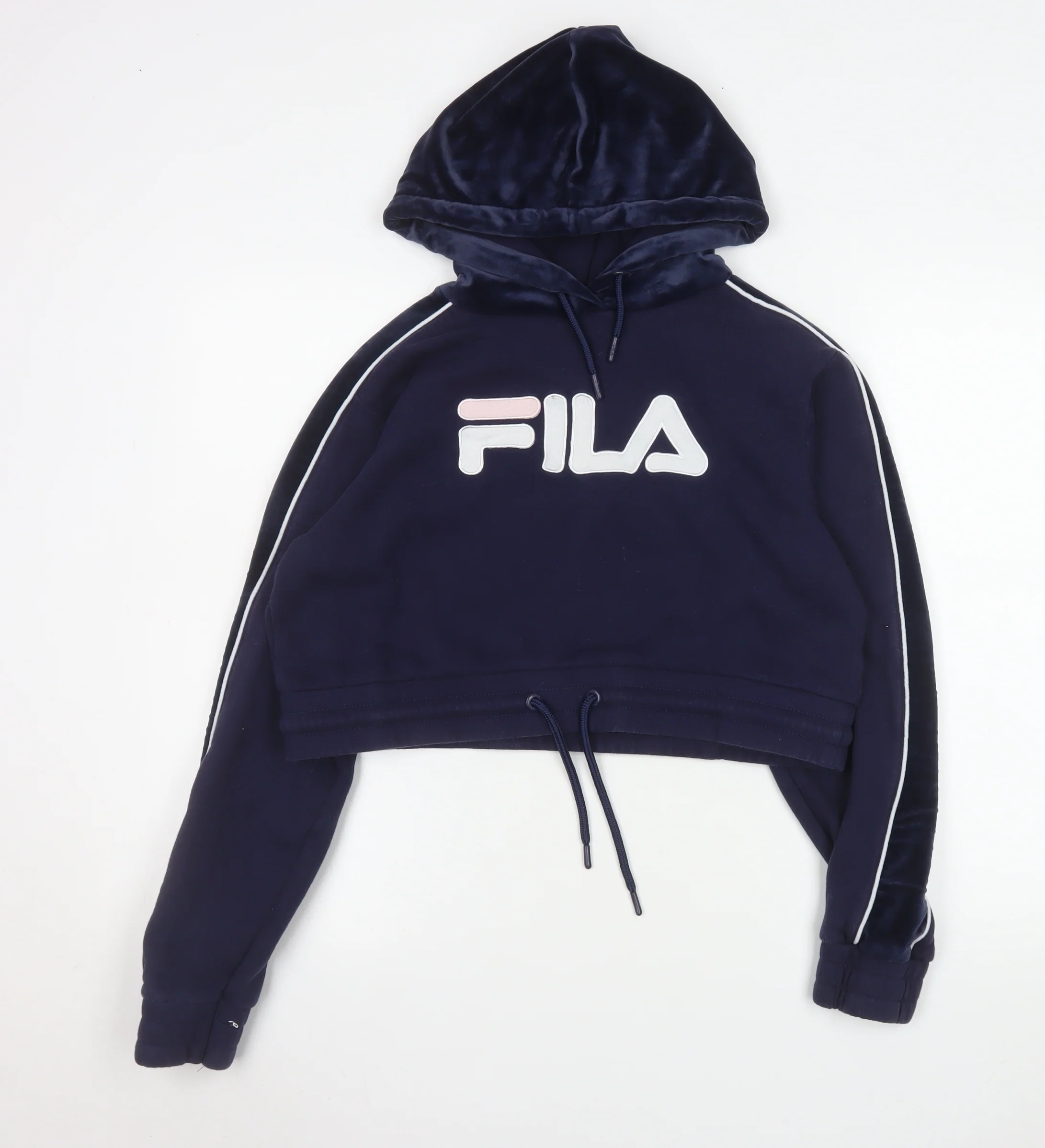 Fila Womens Navy Blue Cropped Hoodie Size 12 M Logo Drawstring Pullover
