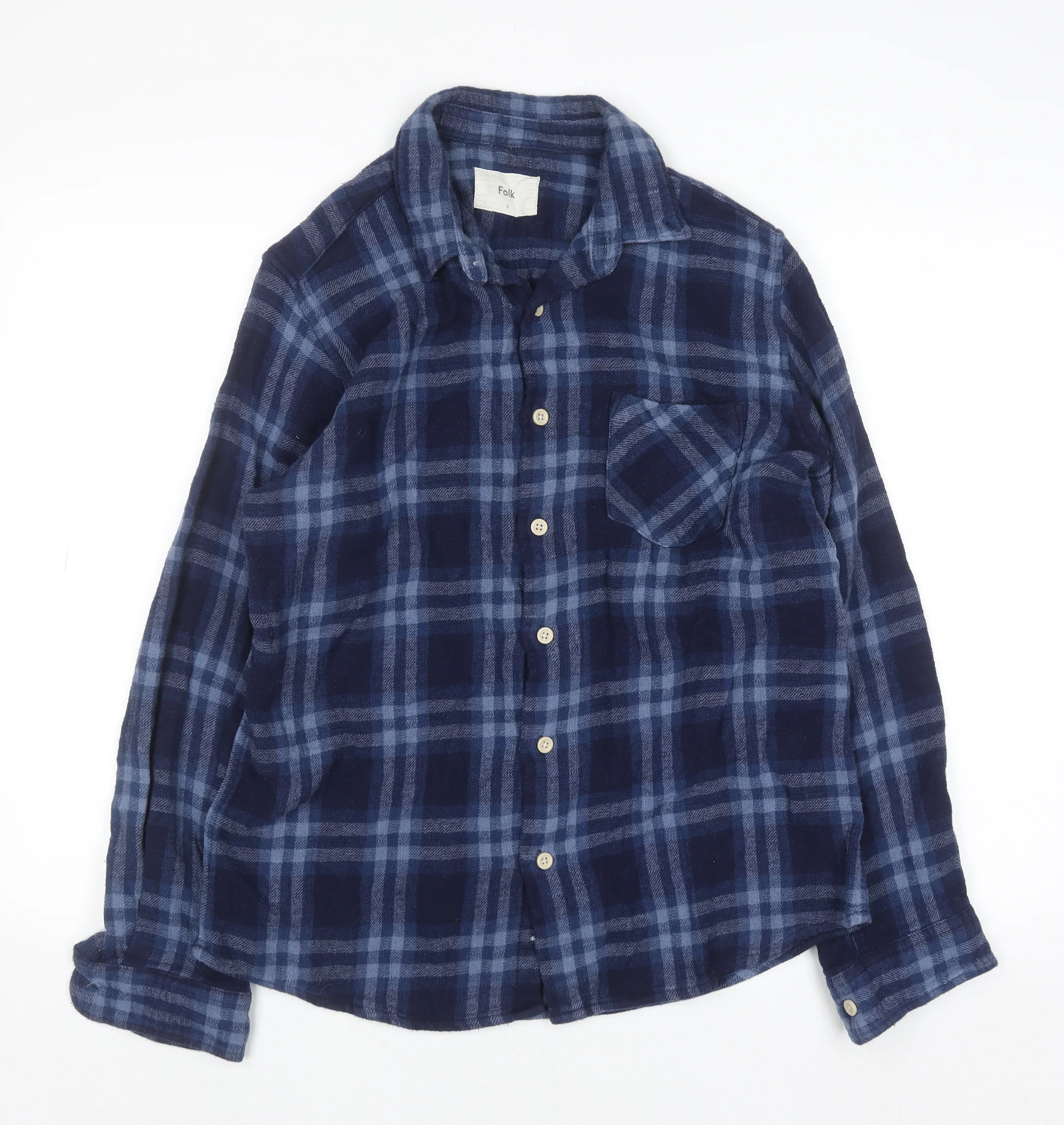 Folk Men's Blue Checked Cotton Button-Up Shirt Size L