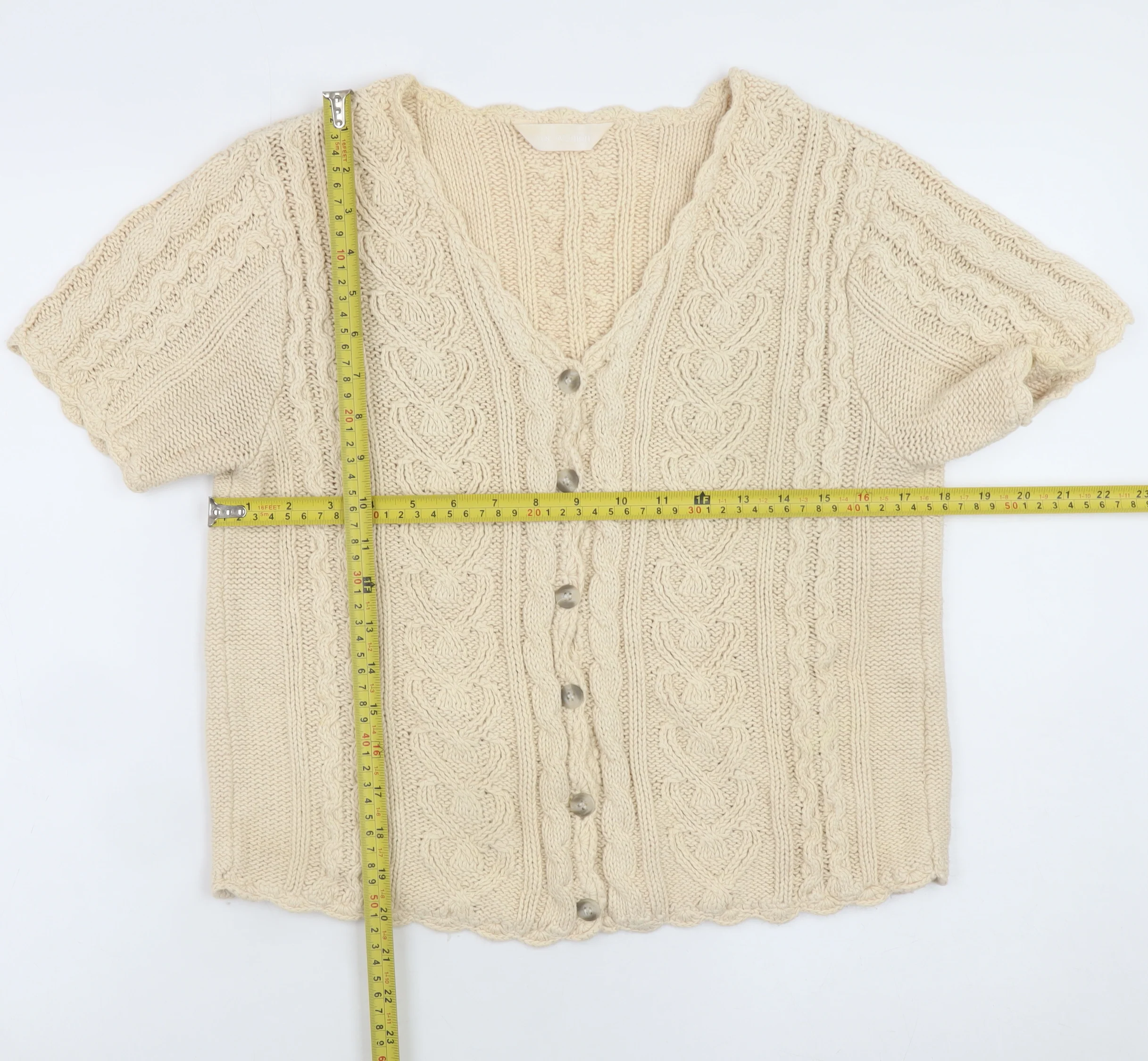 For Women Beige Cable-Knit V-Neck Short Sleeve Cardigan Size 14/16 - Image 2