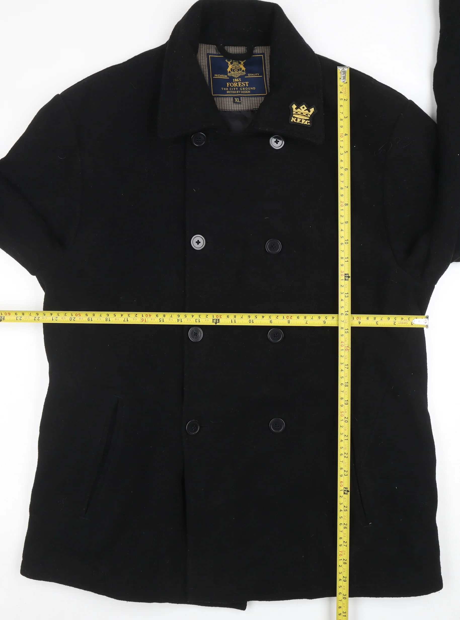 Forest Mens Black Wool Blend Pea Coat XL Classic Double-Breasted Jacket - Image 2