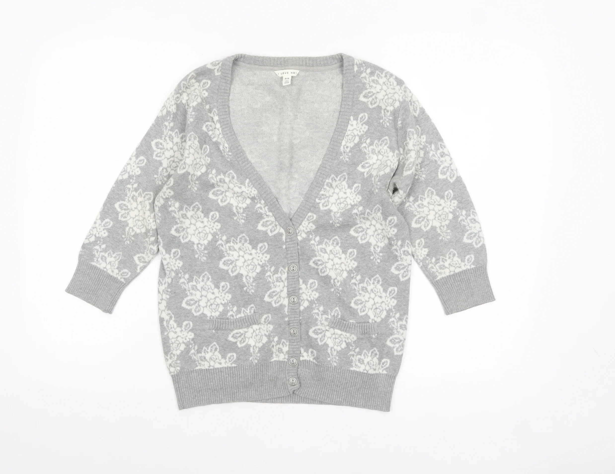 Forever 21 Women’s Grey Floral Knit Cotton Cardigan M V-Neck 3/4 Sleeve