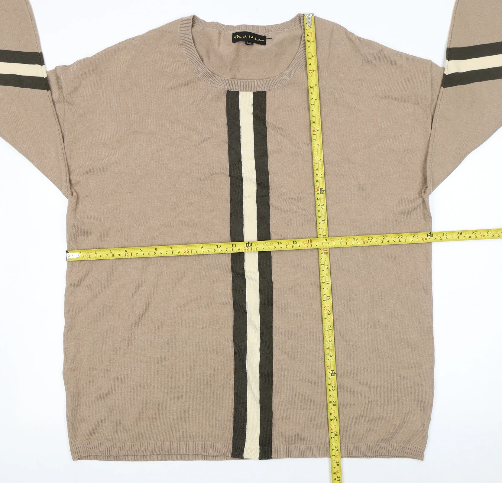 Frank Usher Women's Beige Striped Pullover Jumper L/XL Crew Neck - Image 2