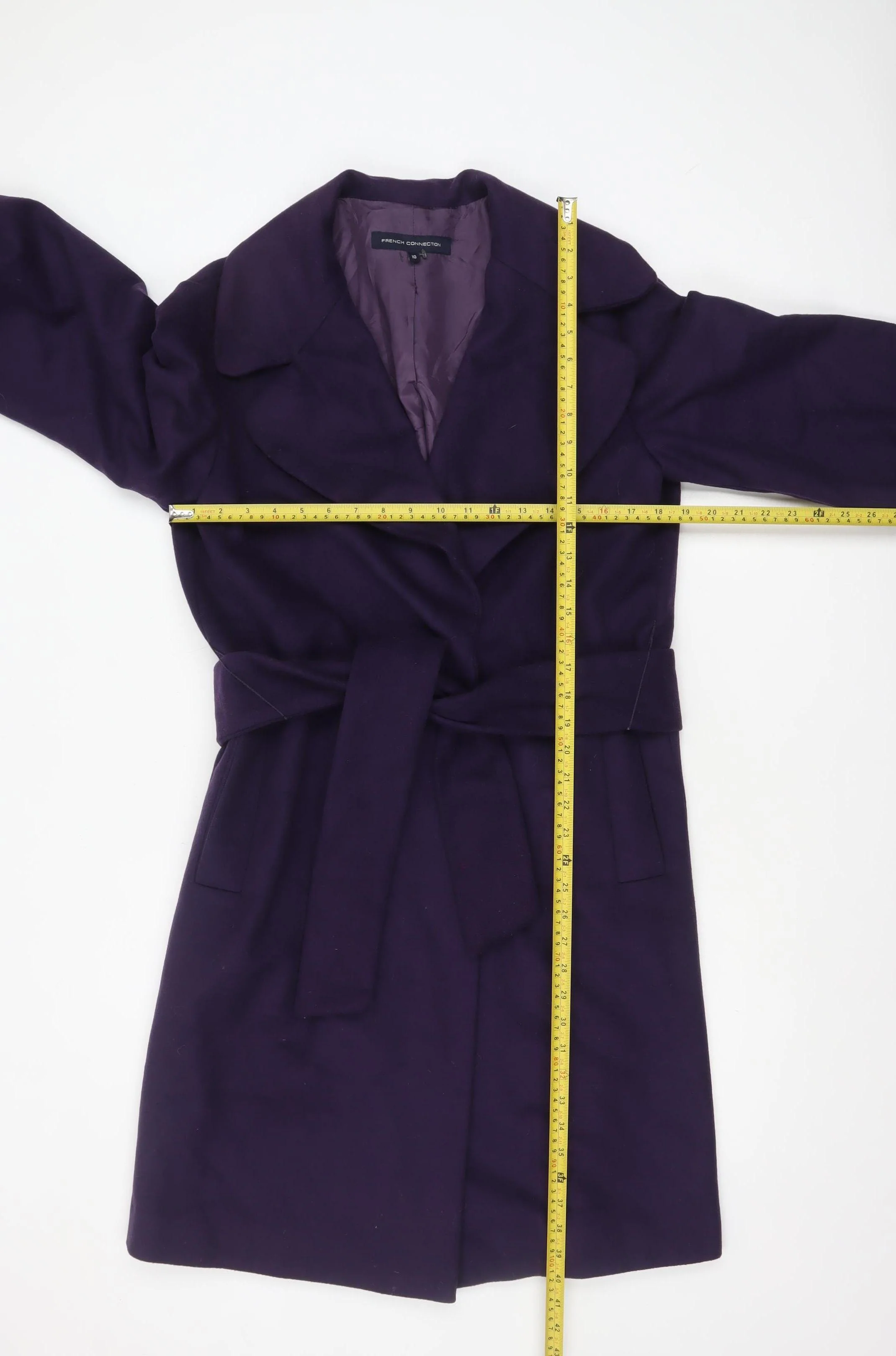 French Connection Women's Purple Wool Trench Coat Size 10 Belted Long - Image 2