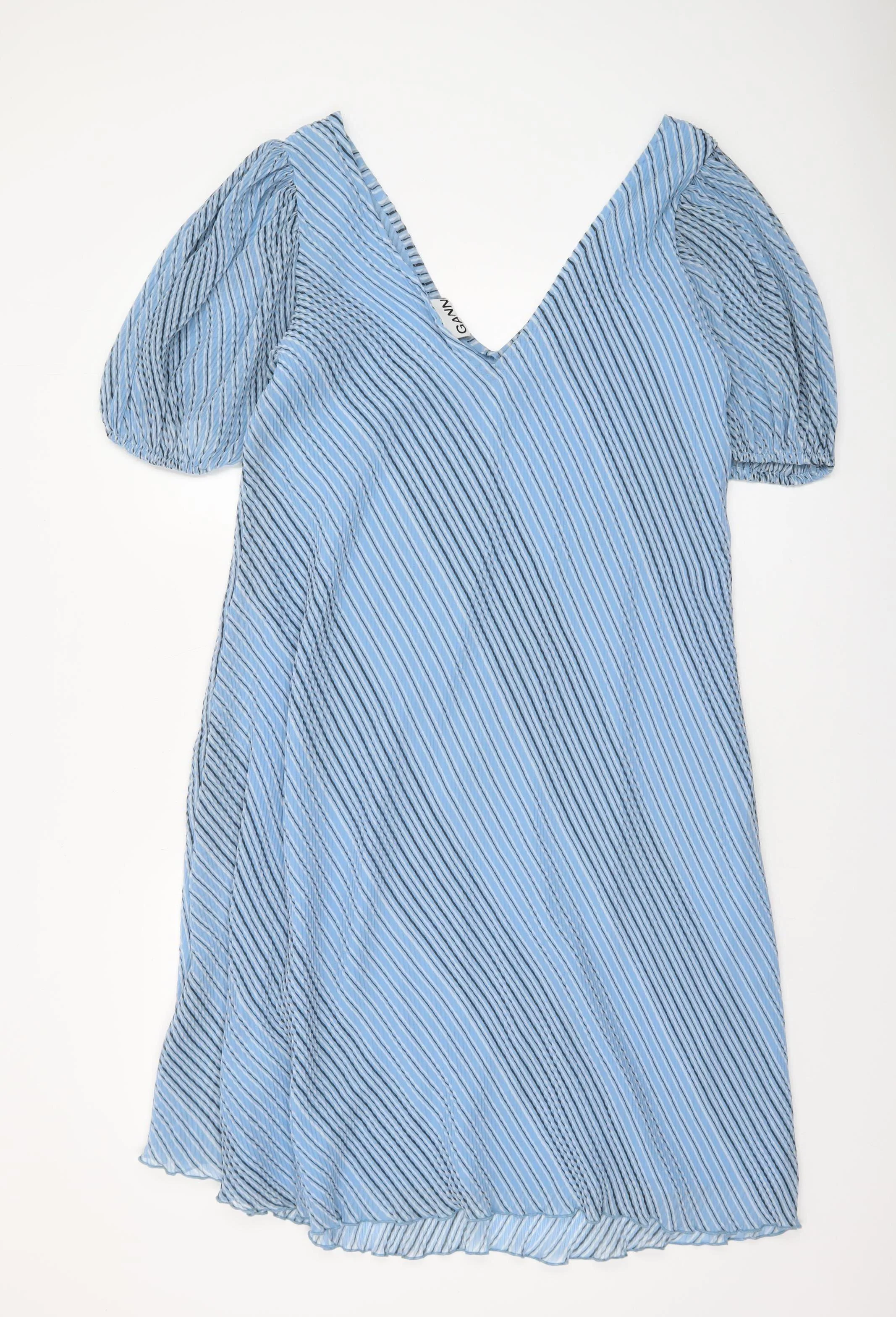 GANNI Women’s Blue Striped V-Neck Puff Sleeve A-Line Dress Size 12 - Image 3