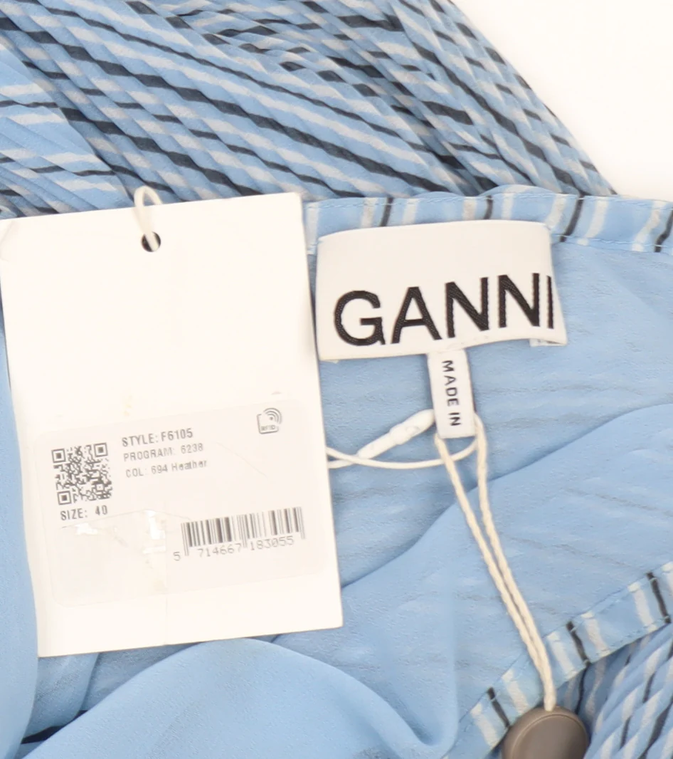 GANNI Women’s Blue Striped V-Neck Puff Sleeve A-Line Dress Size 12 - Image 5