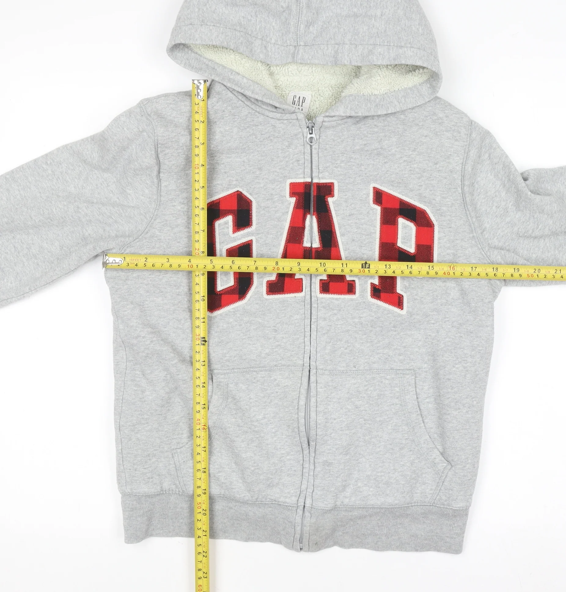 GAP Kids Boys Grey Full Zip Hoodie XL 12-13 Years Sherpa Lined Logo Sweatshirt - Image 2