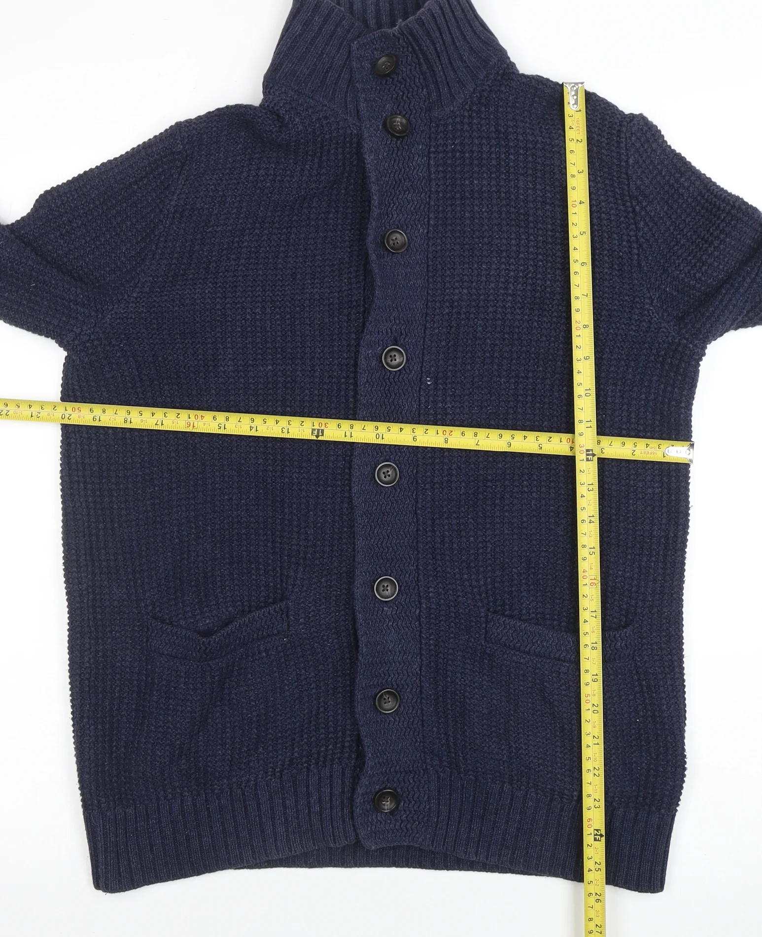 Gap Men’s Blue Cotton Chunky Knit Cardigan M High Neck Button Up - Image 2