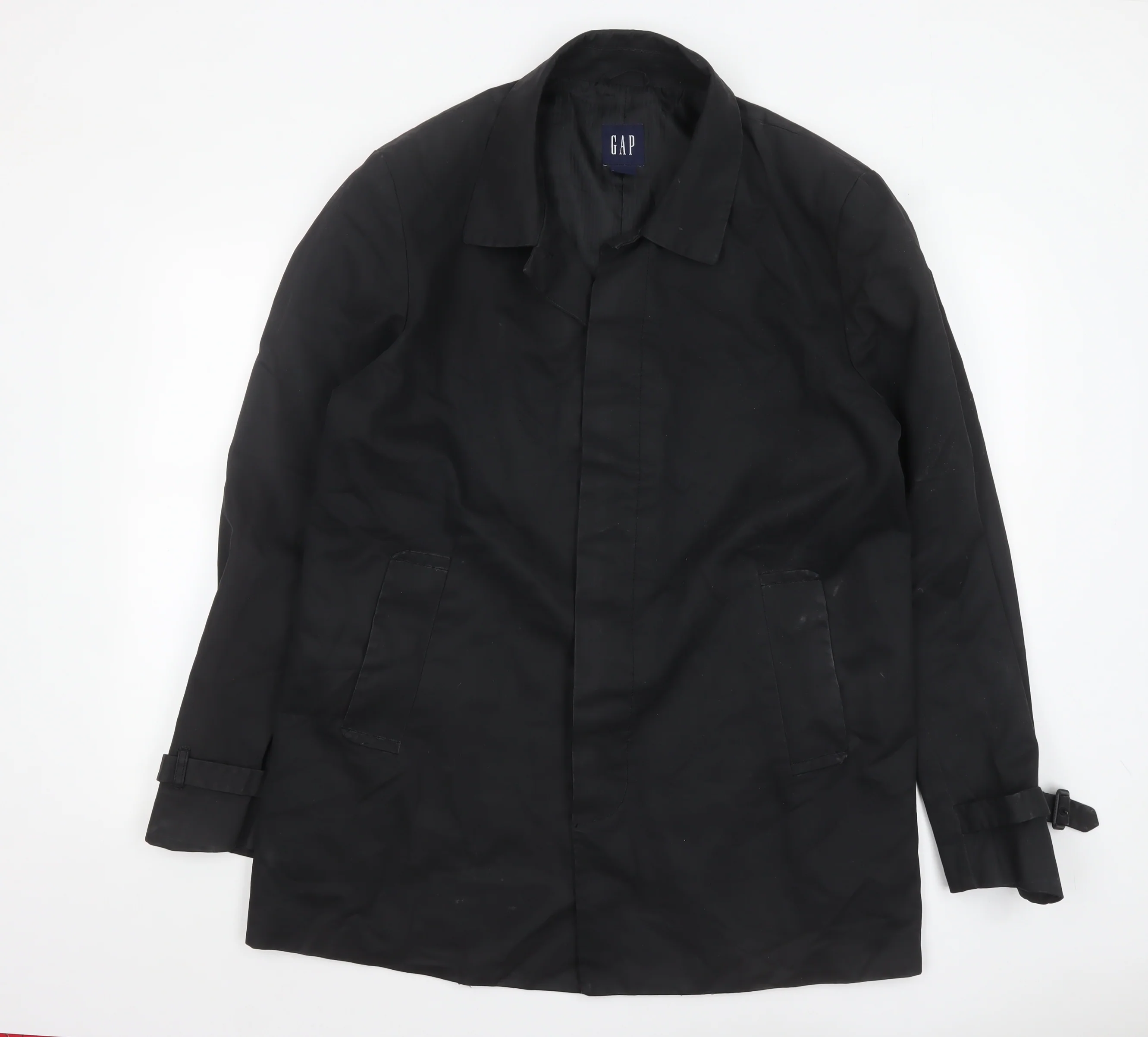 GAP Men's Black Cotton Overcoat XL Mid-Length Belted Trench Style