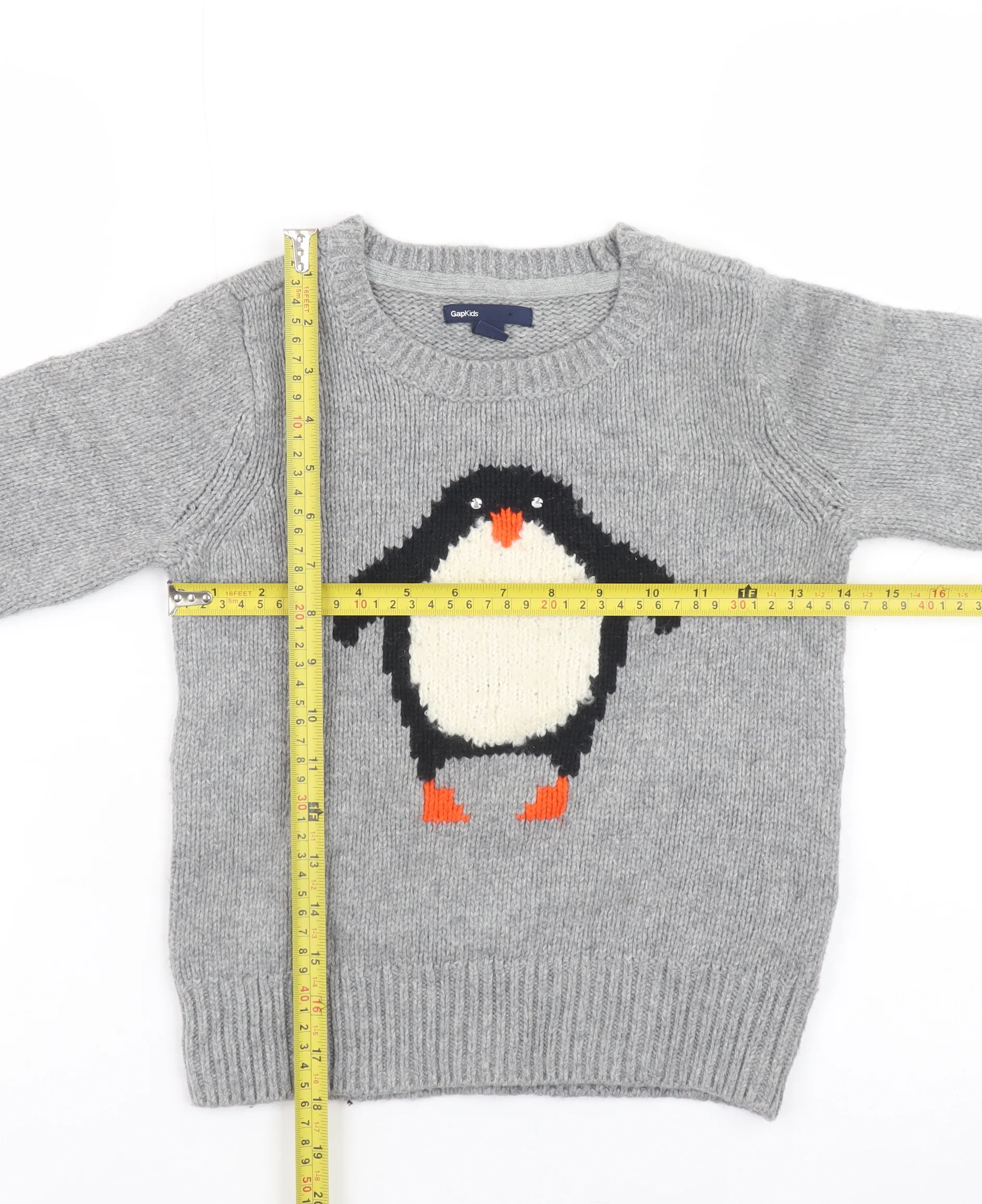 GapKids Boys Grey Penguin Jumper Medium (8) Crew Neck Winter Knit - Image 2
