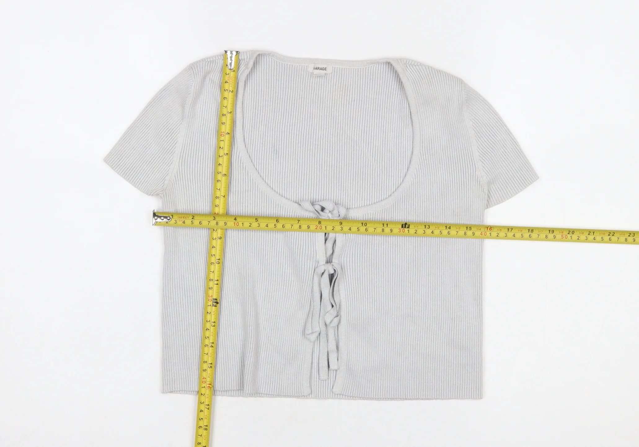 Garage Women’s Grey Cropped Tie Front Ribbed Knit Short Sleeve Top Size S - Image 2