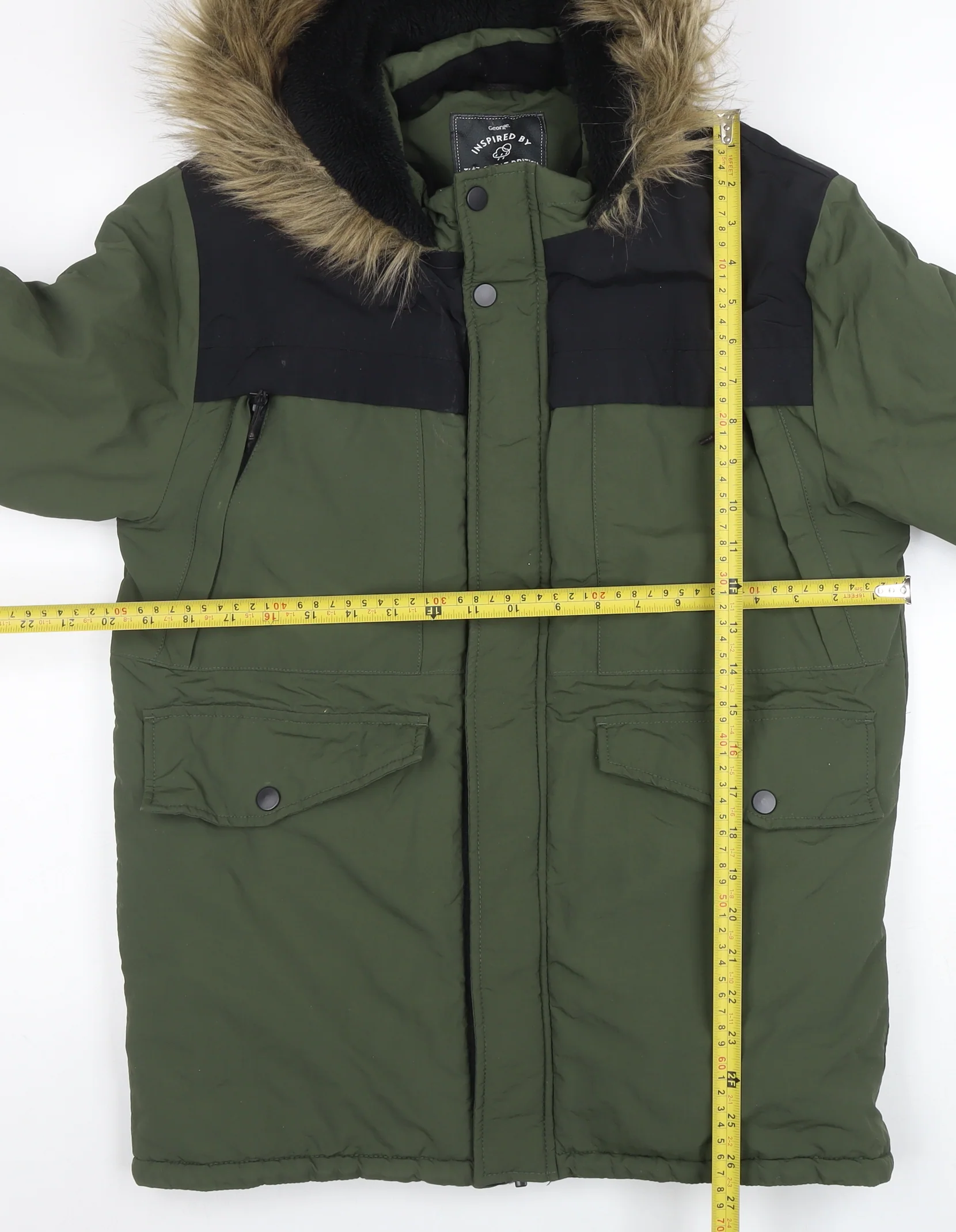 George Boys Green Parka Coat 14-15 Years Faux Fur Hood Winter Jacket - Image 2