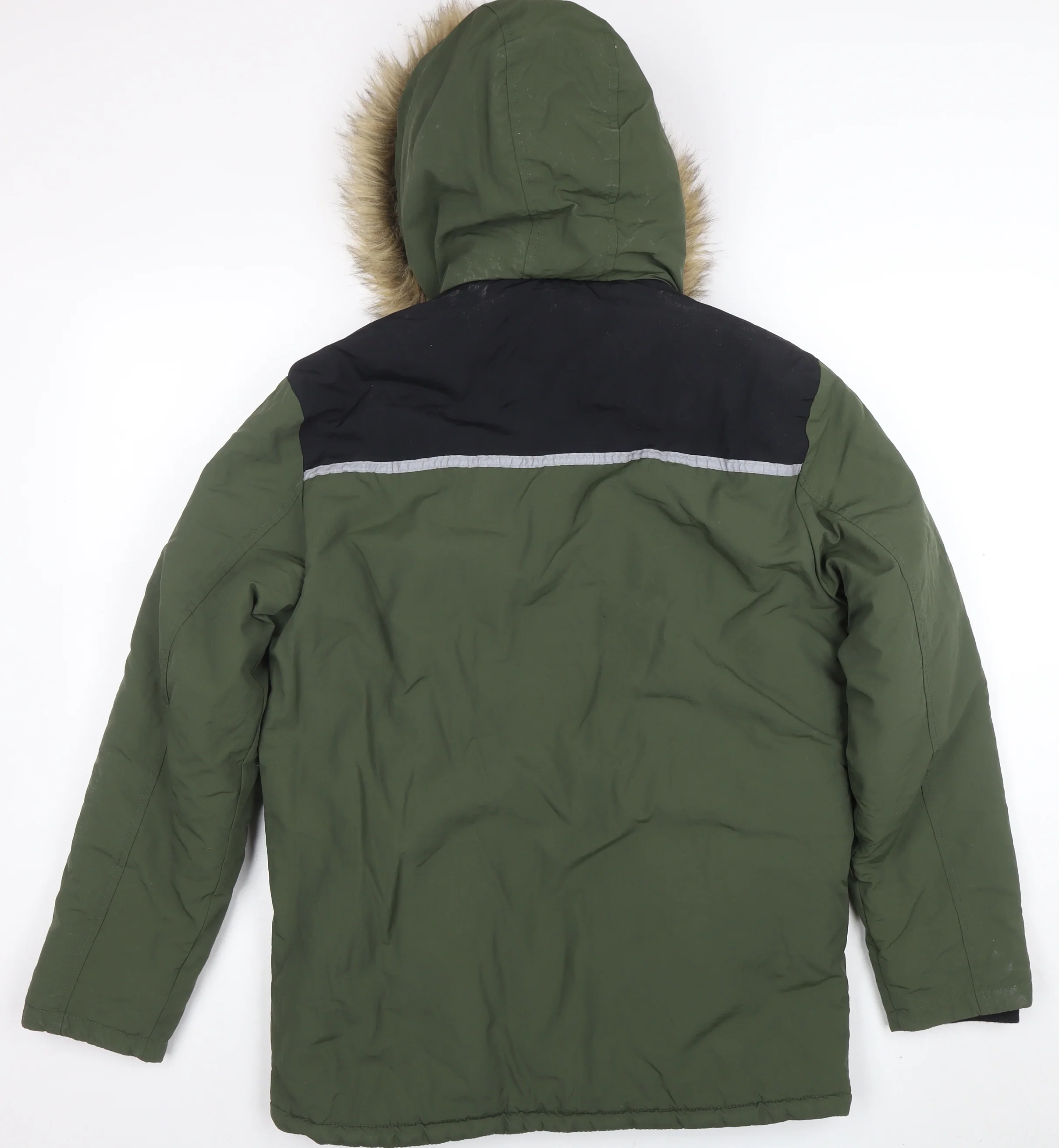 George Boys Green Parka Coat 14-15 Years Faux Fur Hood Winter Jacket - Image 3