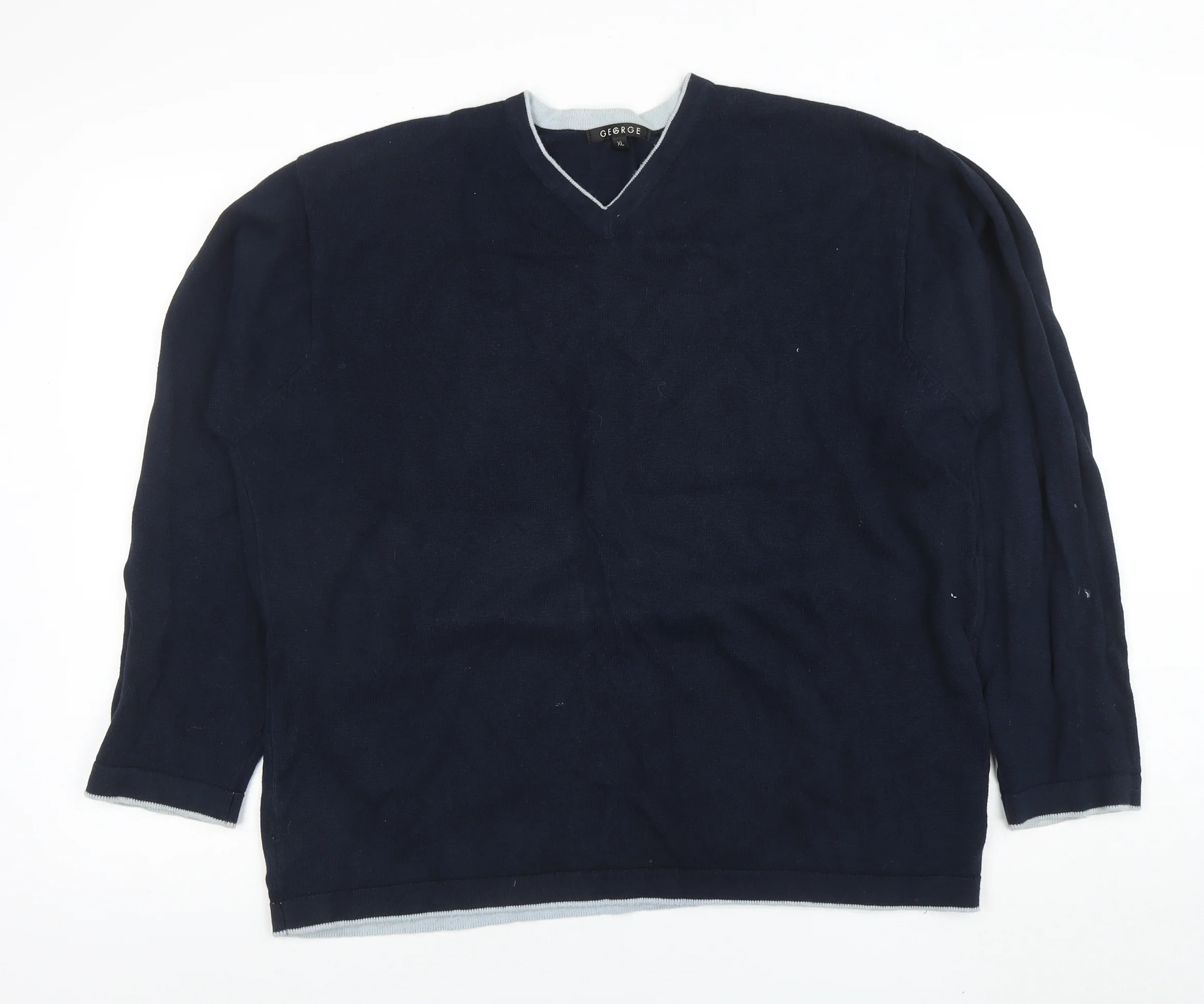 George Men's Blue XL V-Neck Cotton Jumper Classic Knit Pullover