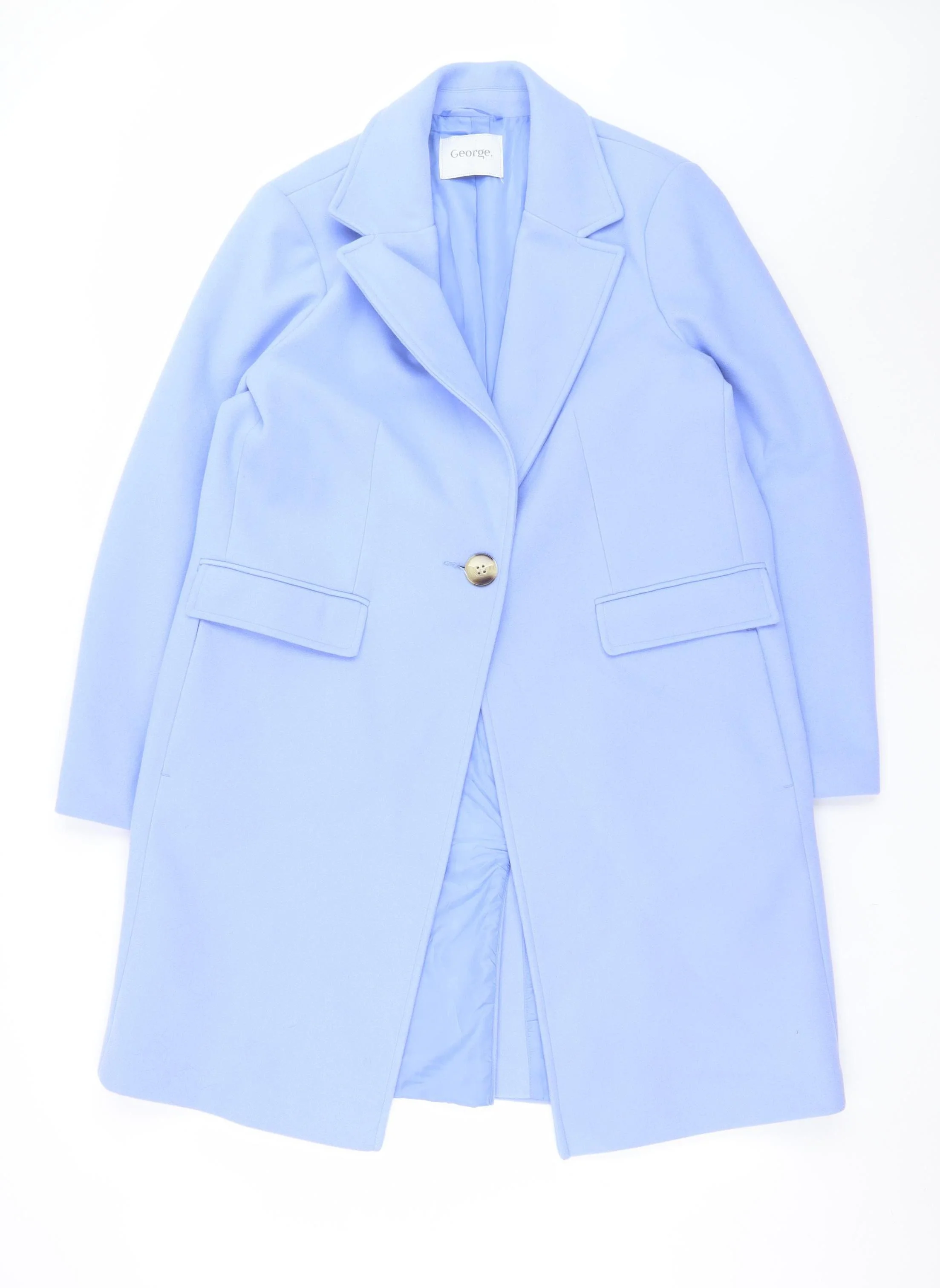 George Women Blue Long Overcoat Size 16 Polyester Single-Breasted
