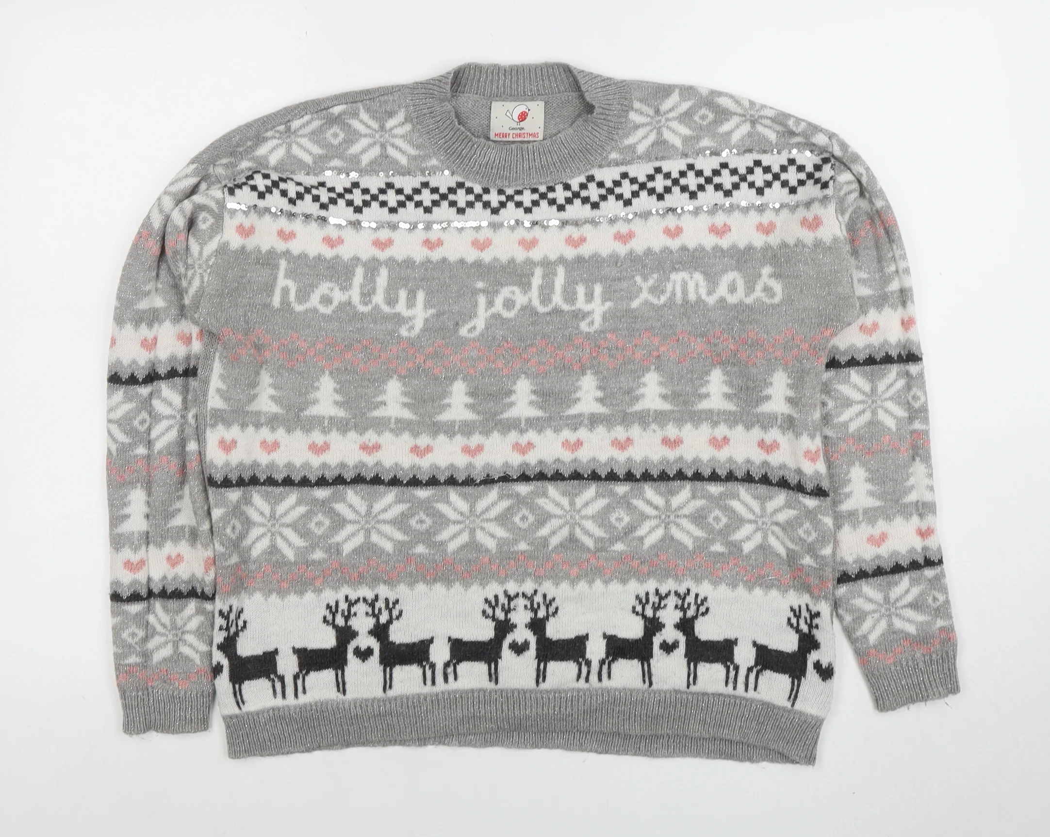 George Women's Grey Christmas Fair Isle Sequin Pullover Jumper Size S