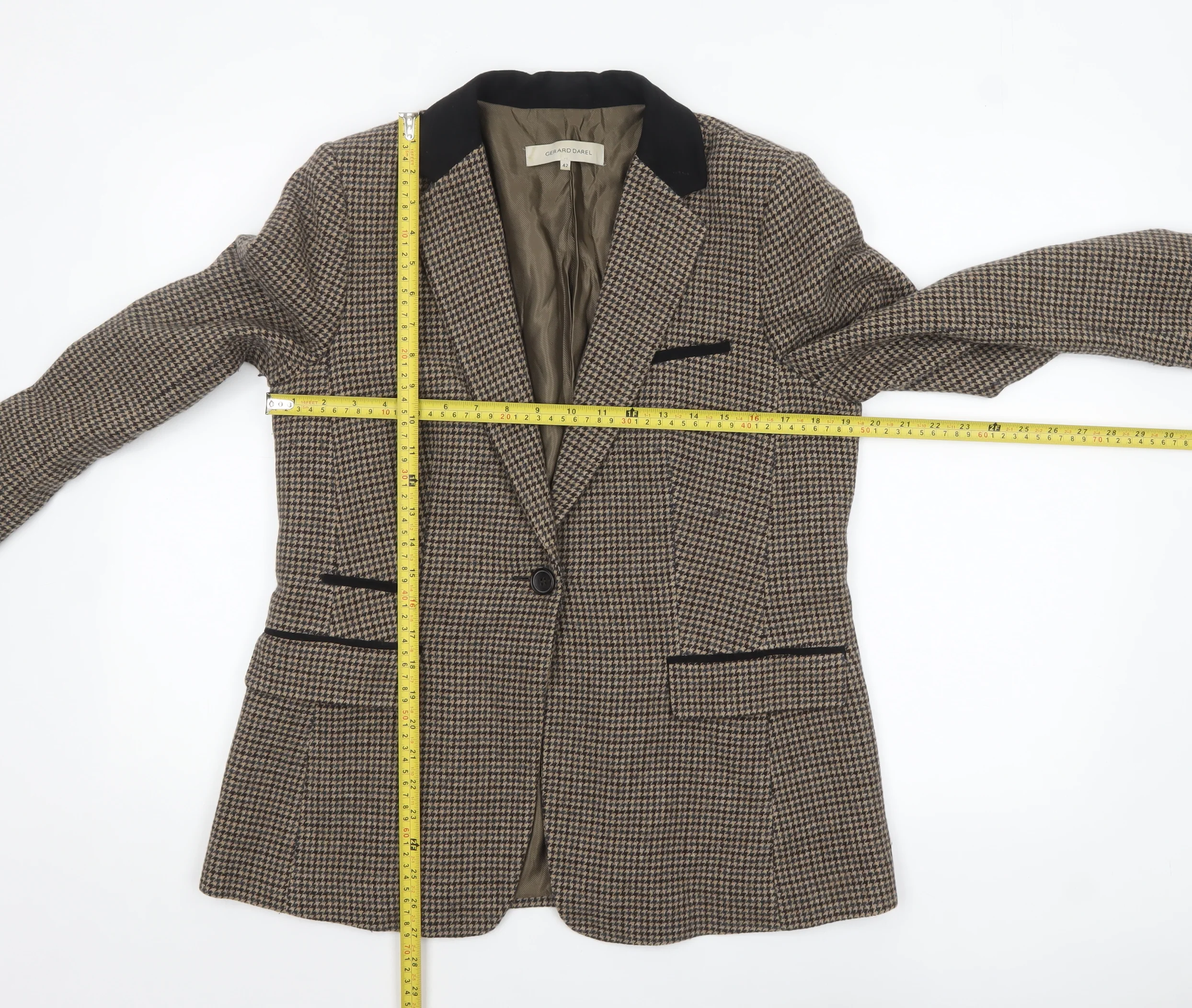 Gerard Darel Women Brown Houndstooth Wool Blend Single-Breasted Blazer UK 14 - Image 2