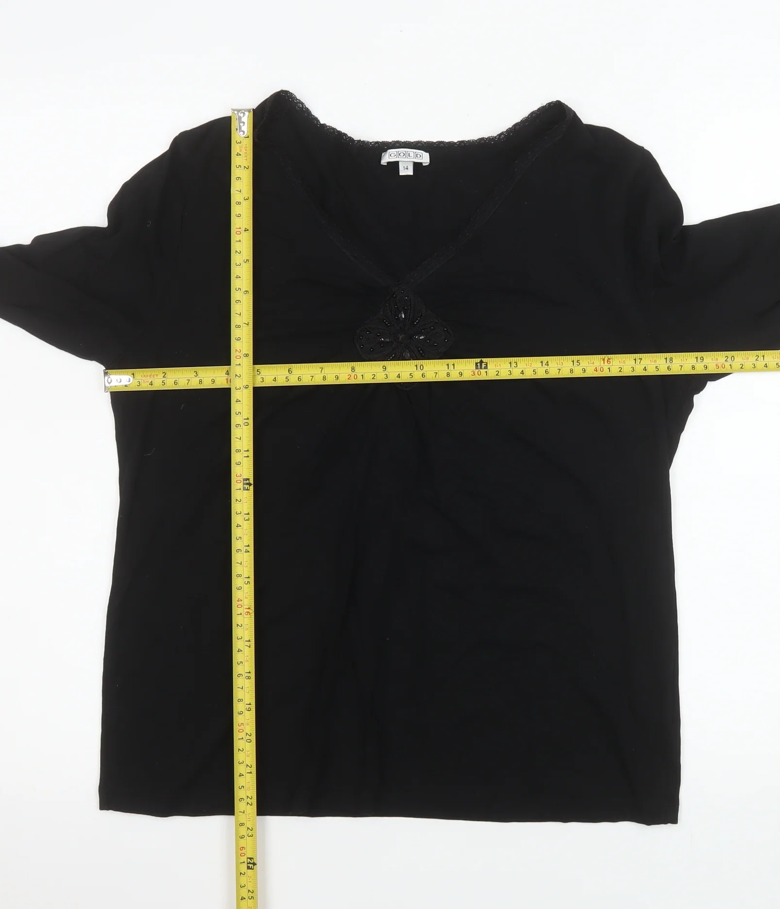 Gold Women’s Black Long Sleeve V-Neck Stretch Tunic Top Size 14 - Image 2