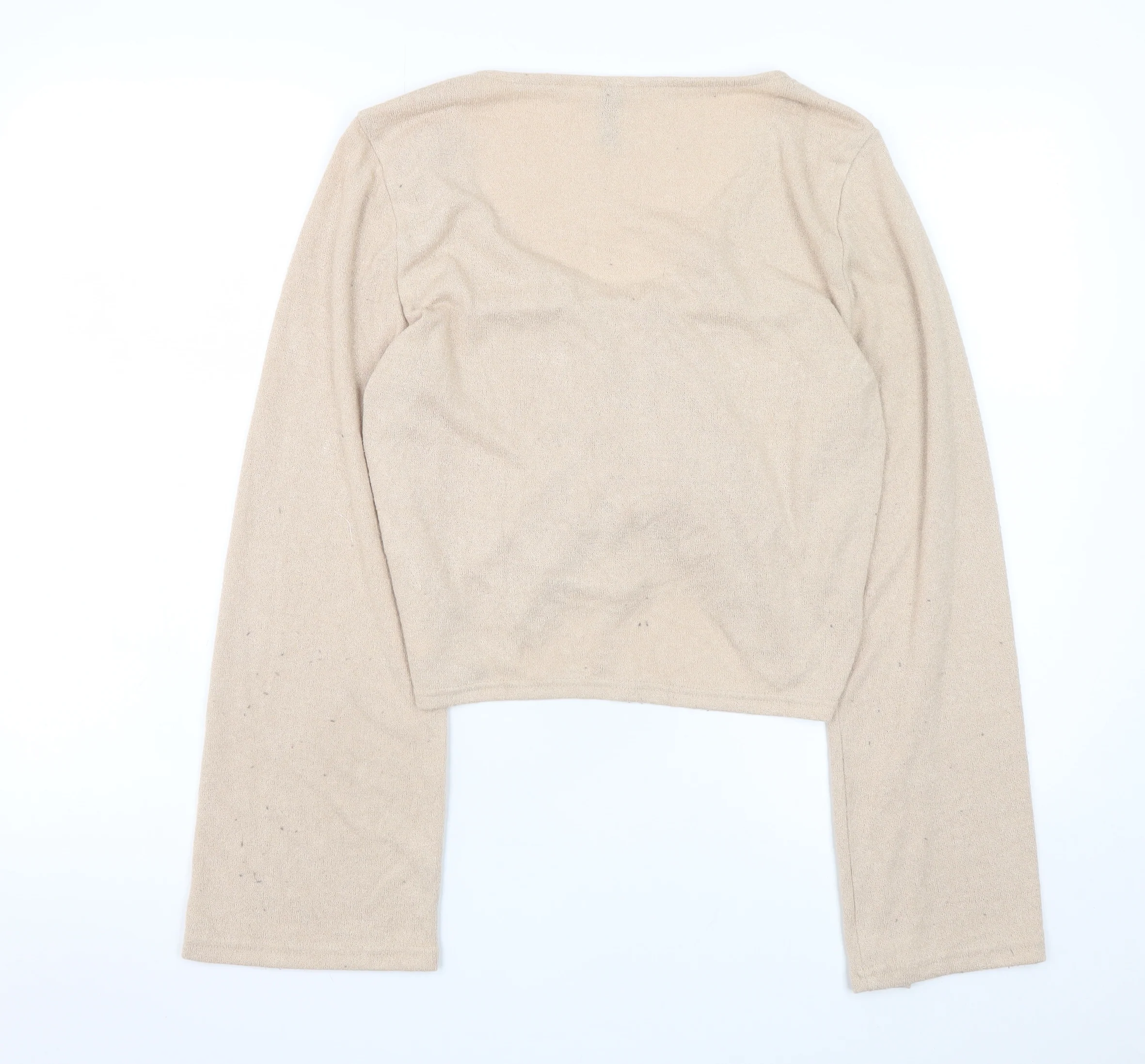 H&M Divided Women’s Beige Cropped V-Neck Drawstring Long Sleeve Blouse L - Image 3