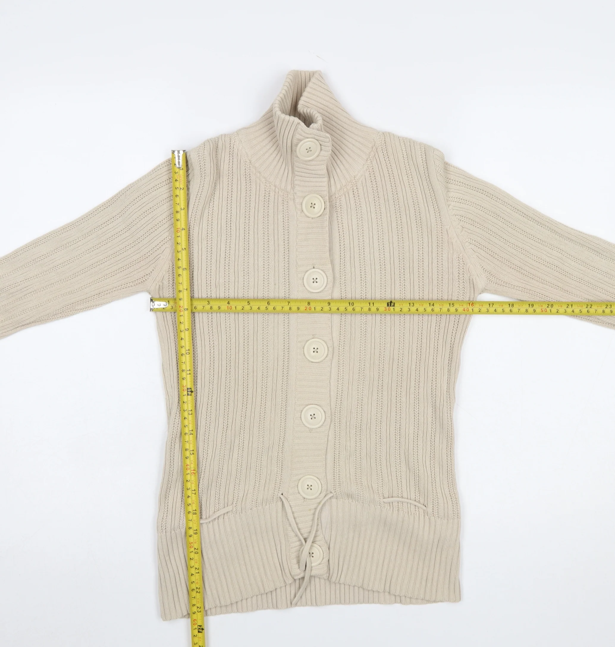 H&M L.O.G.G Women Beige Cotton Cable-Knit High Neck Cardigan S - Image 2