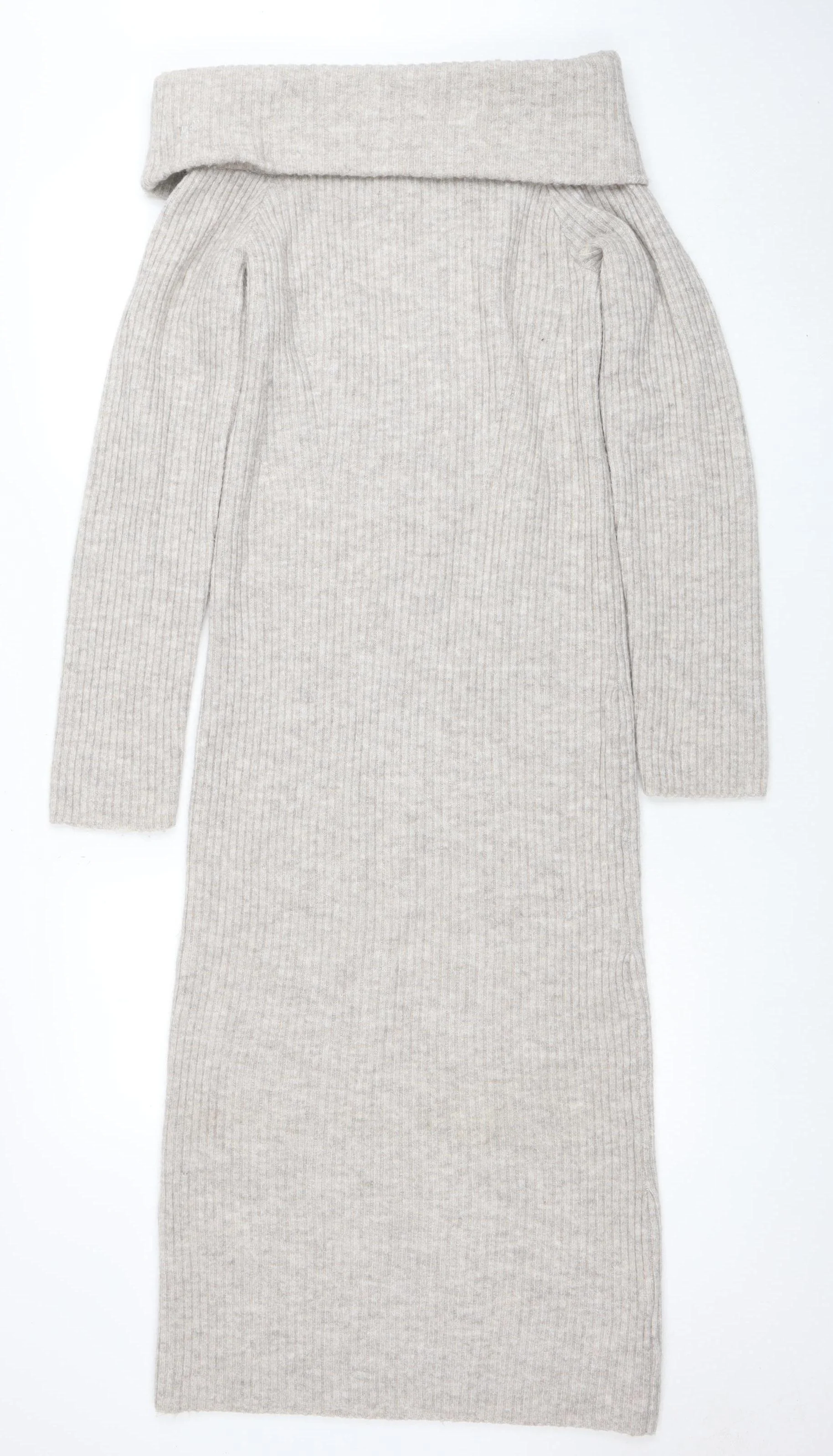 H&M Mama Beige Knit Bodycon Roll Neck Maternity Midi Dress Size 12