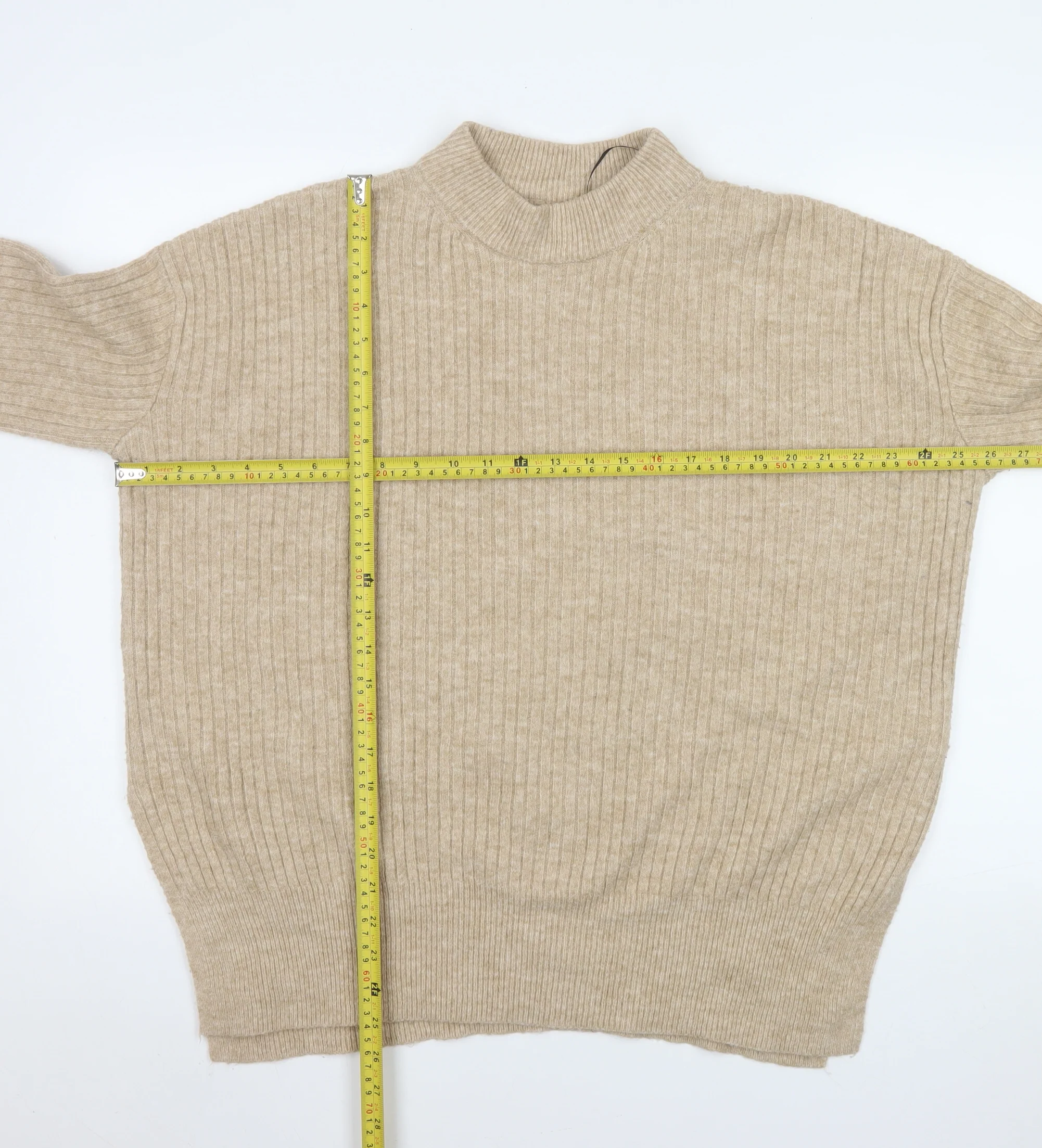 H&M Men Beige Ribbed Mock Neck Pullover Jumper Size M - Image 2