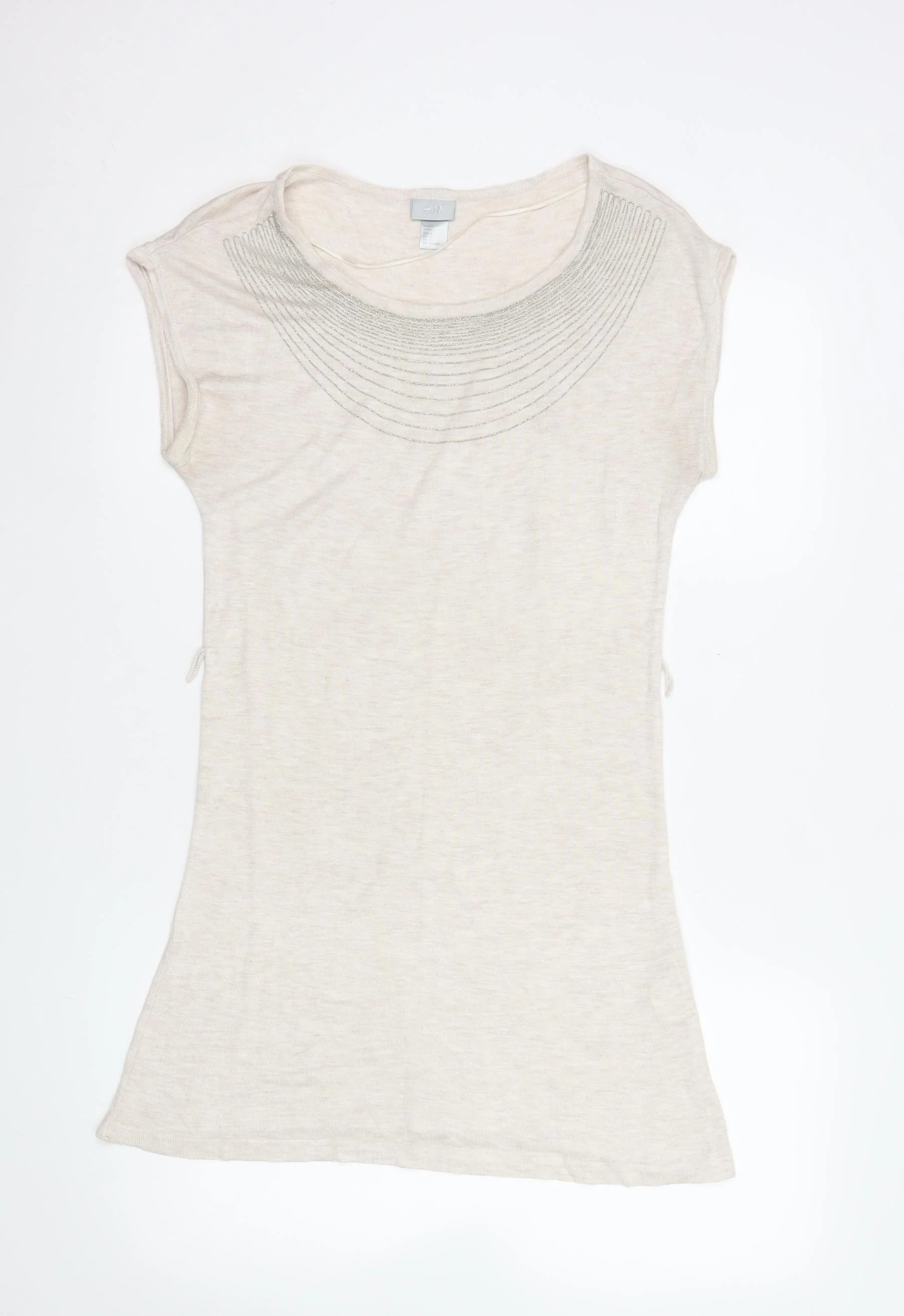 H&M Women Beige Beaded Crew Neck Short Sleeve Top Size S