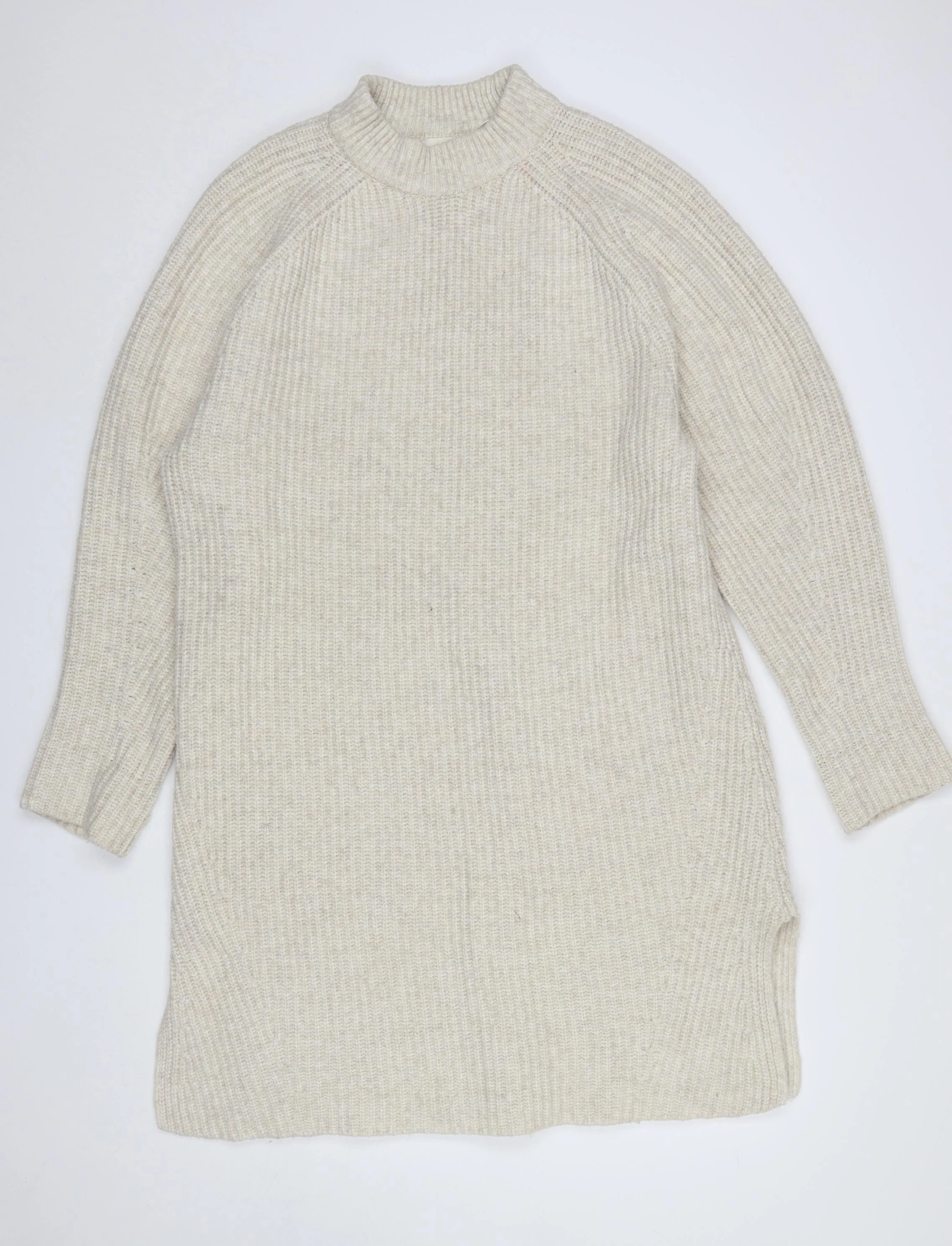 H&M Women Beige Knitted Jumper Dress S Long Sleeve High Neck