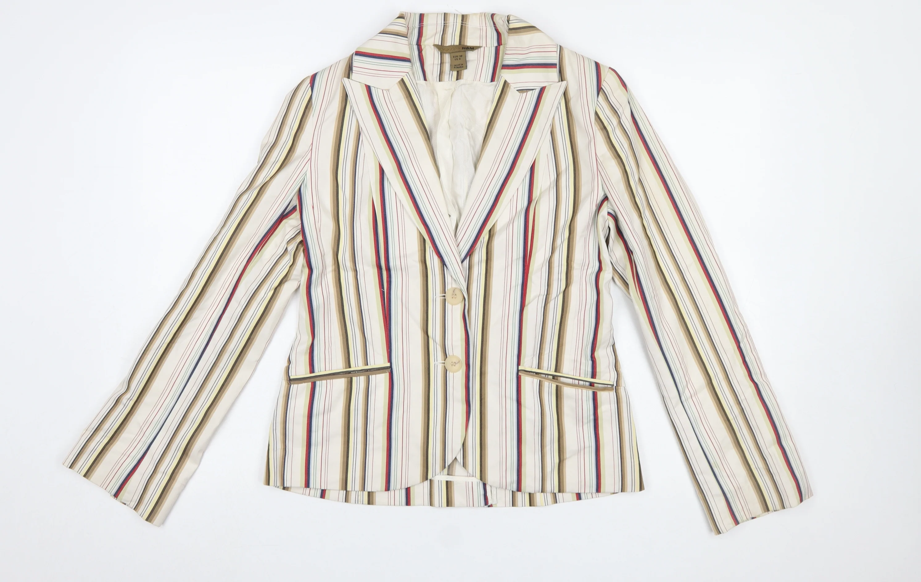 H&M Women Beige Multicoloured Striped Blazer UK 10 Two-Button Cotton Blend