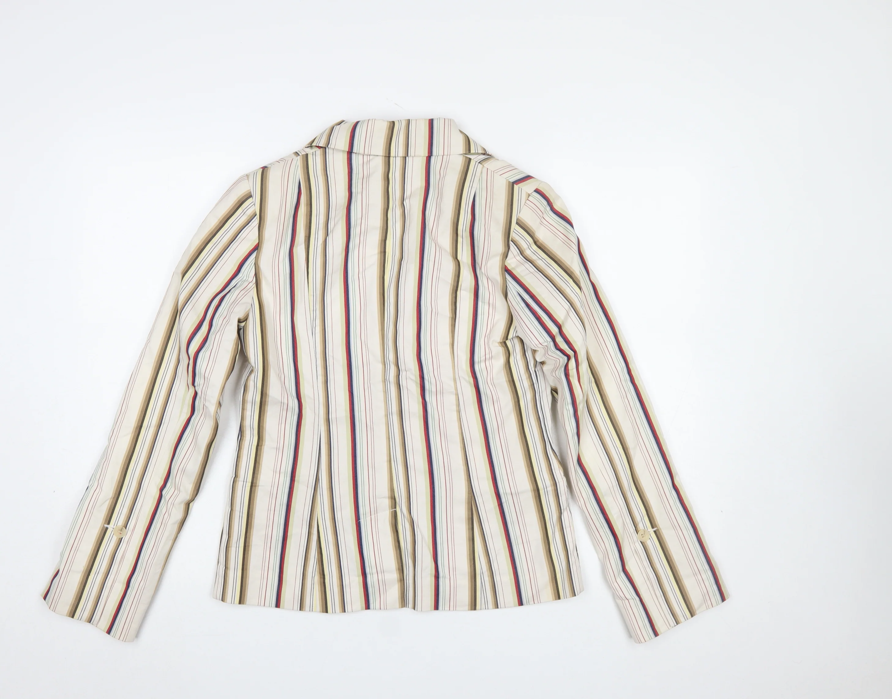 H&M Women Beige Multicoloured Striped Blazer UK 10 Two-Button Cotton Blend - Image 3