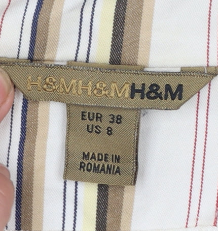 H&M Women Beige Multicoloured Striped Blazer UK 10 Two-Button Cotton Blend - Image 4
