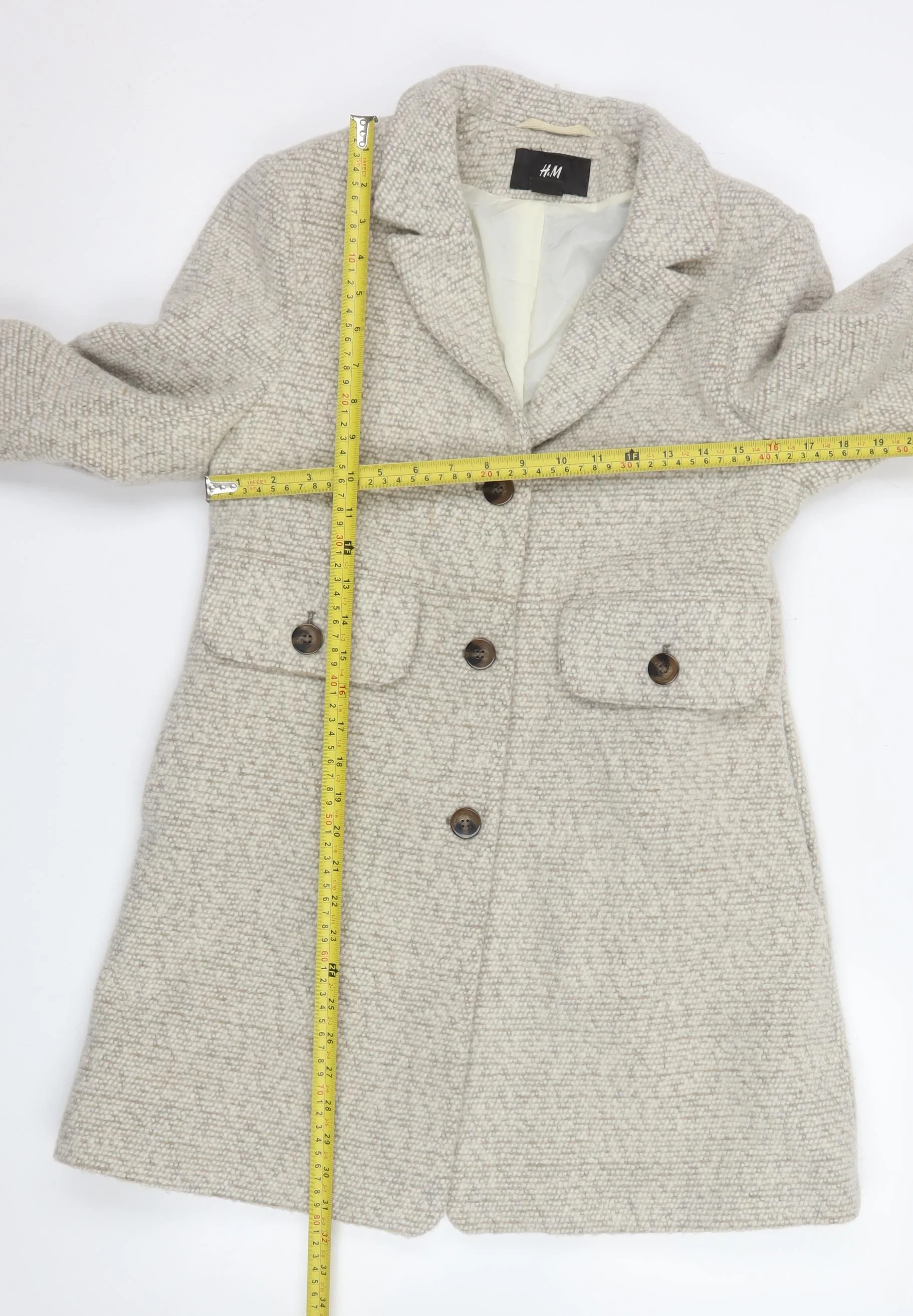H&M Women Beige Wool Blend Mid-Length Overcoat Size 10 - Image 2