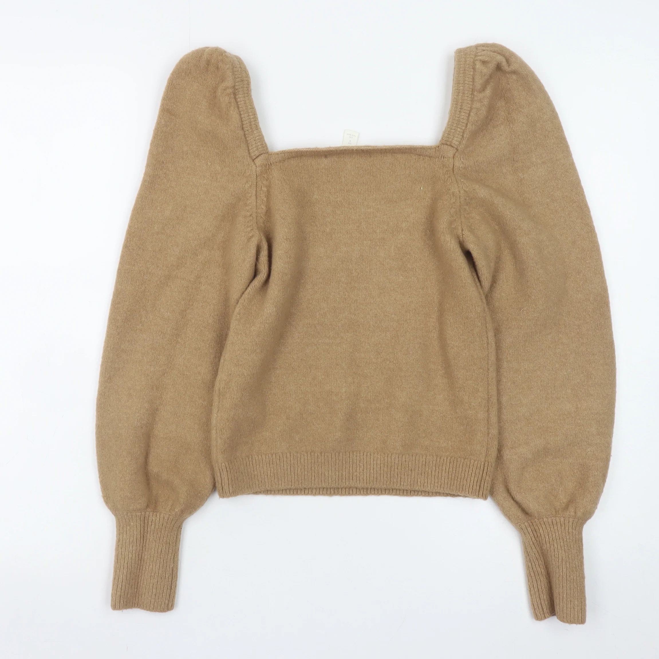 H&M Women Beige Wool Blend Square Neck Puff Sleeve Jumper Size S - Image 3
