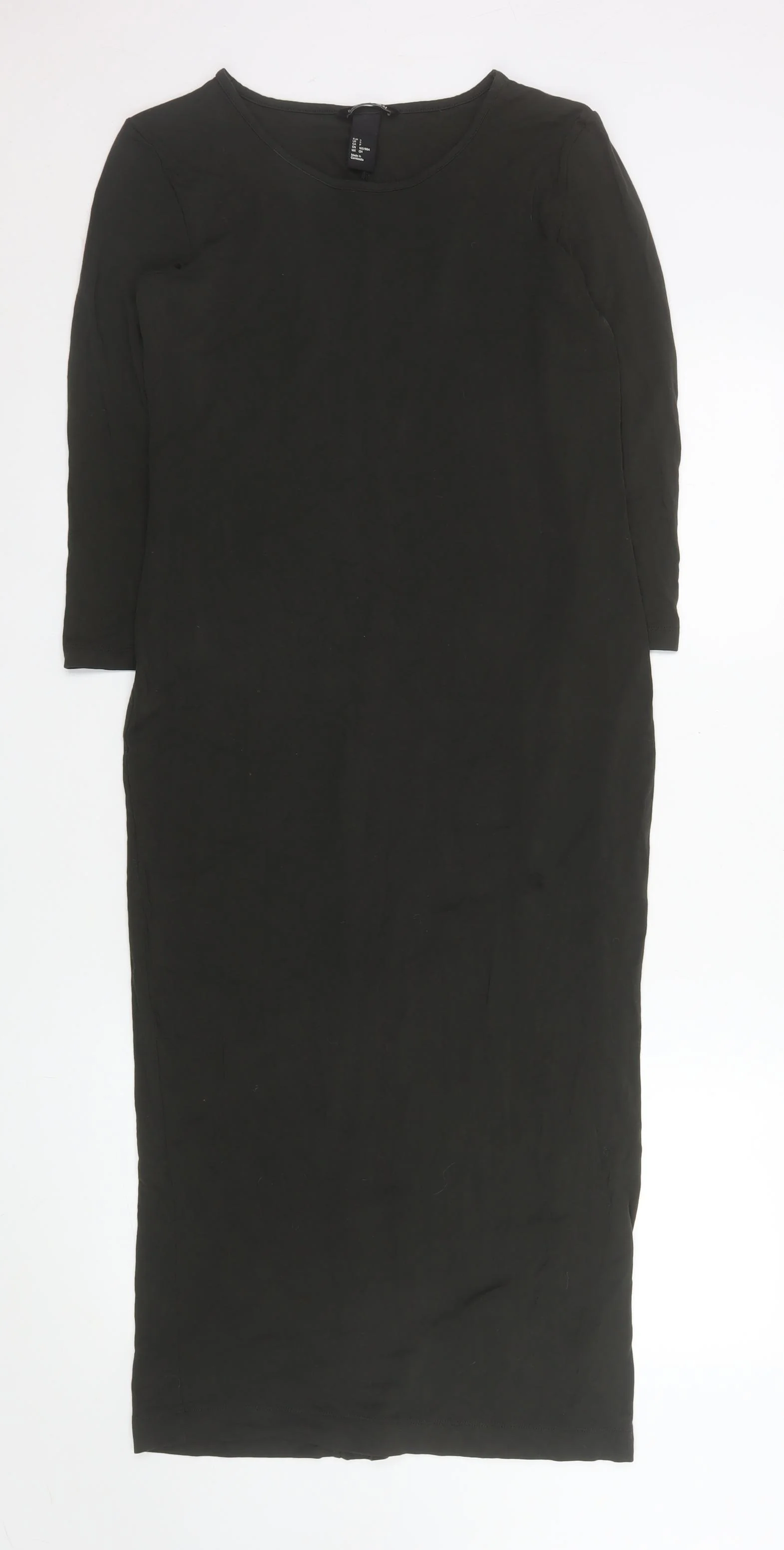 H&M Women Black Bodycon Midi Dress Size 8 3/4 Sleeve Stretch